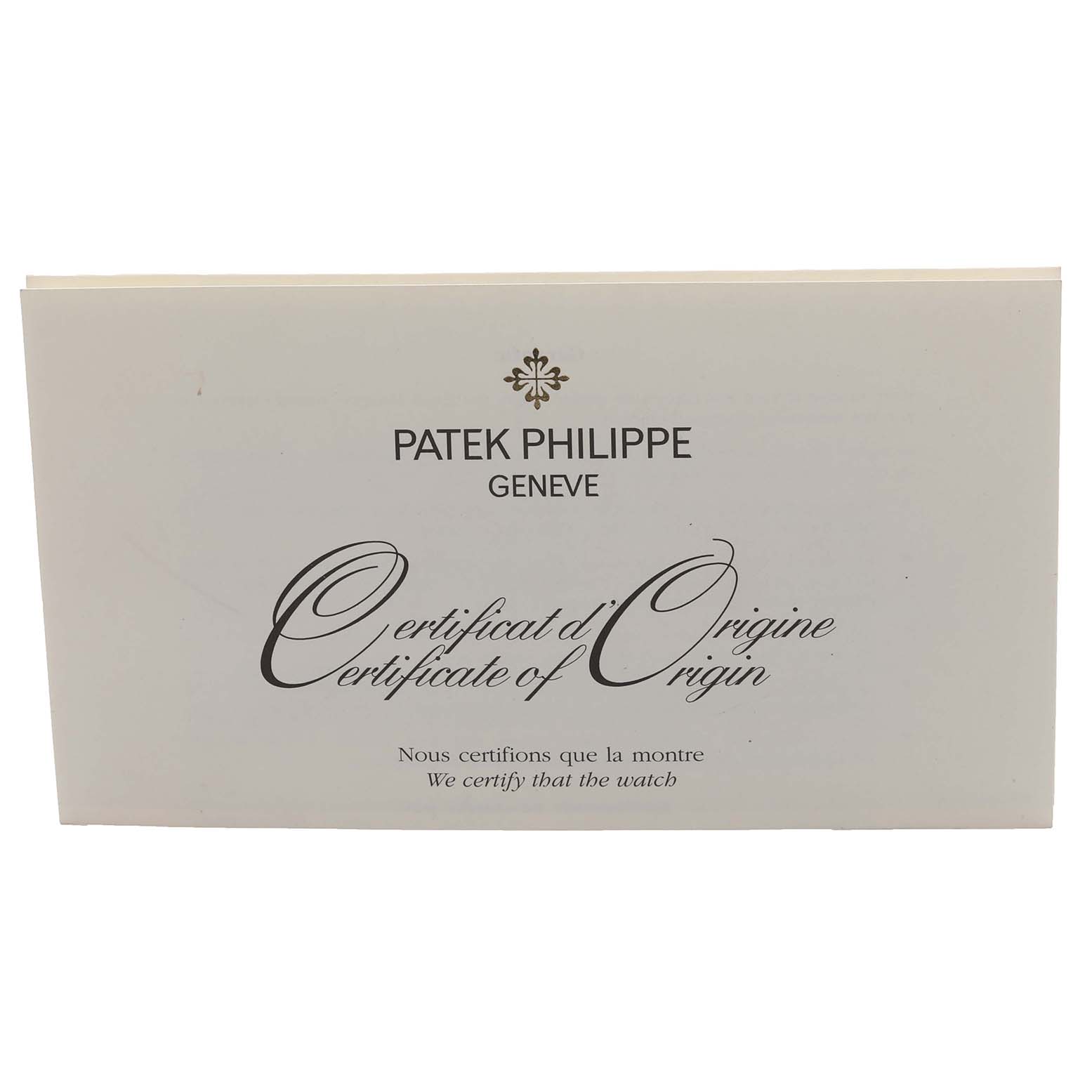 The image shows the Certificate of Origin for a Patek Philippe Gondolo 5111R-001 Men's Rose Gold Silver Dial 5111R-001 Men's Rose Gold Silver Dial watch.