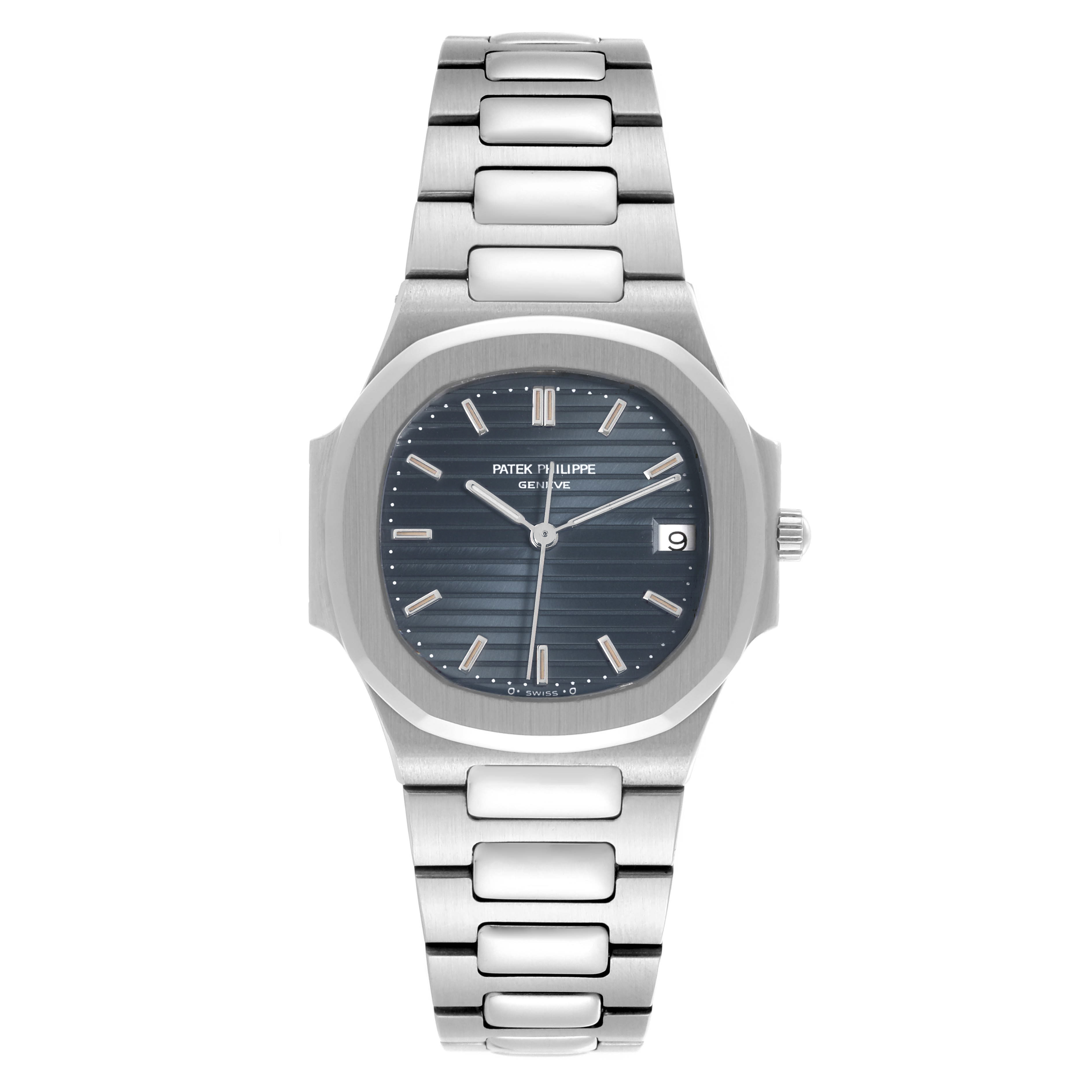 The Patek Philippe Nautilus 3900/1J-001 Women's Stainless Steel Grey Dial 3900/1J-001 Women's Stainless Steel Grey Dial watch is shown from the front, displaying its face, bracelet, and side crown.