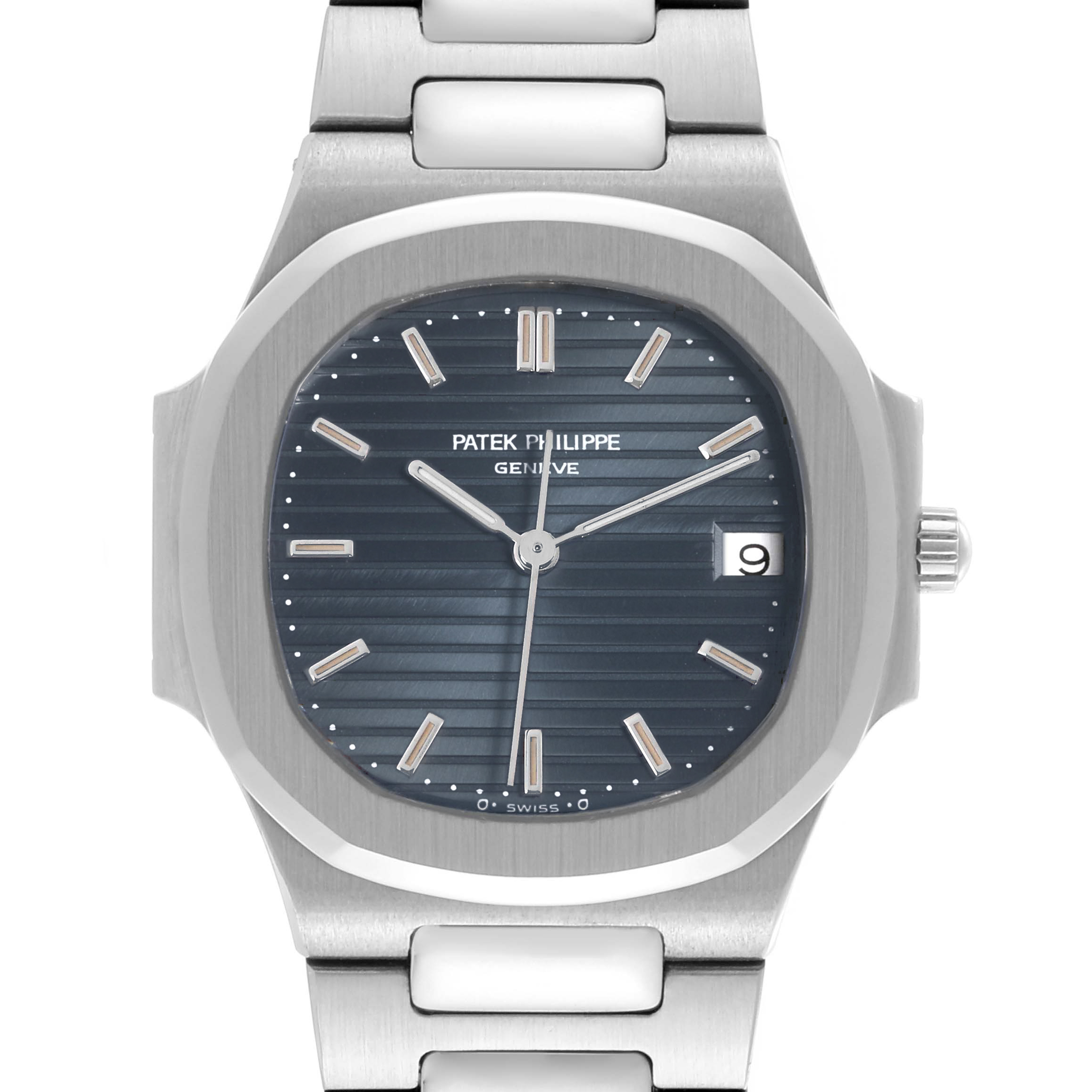 The image shows a front view of a Patek Philippe Nautilus 3900/1J-001 Women's Stainless Steel Grey Dial 3900/1J-001 Women's Stainless Steel Grey Dial watch, focusing on the dial and stainless steel bracelet.