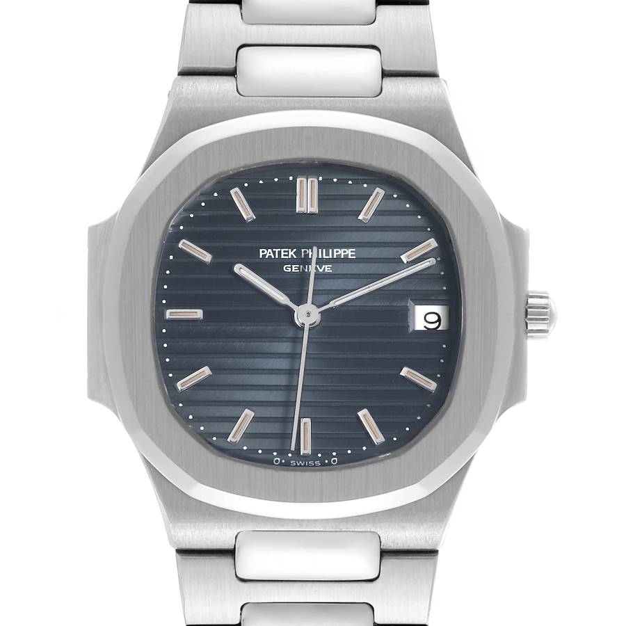 The image shows a front view of a Patek Philippe Nautilus watch, focusing on the dial and stainless steel bracelet.