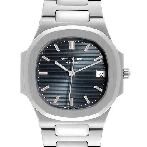 The image shows a front view of the Patek Philippe Nautilus watch, highlighting the dial and stainless steel case.