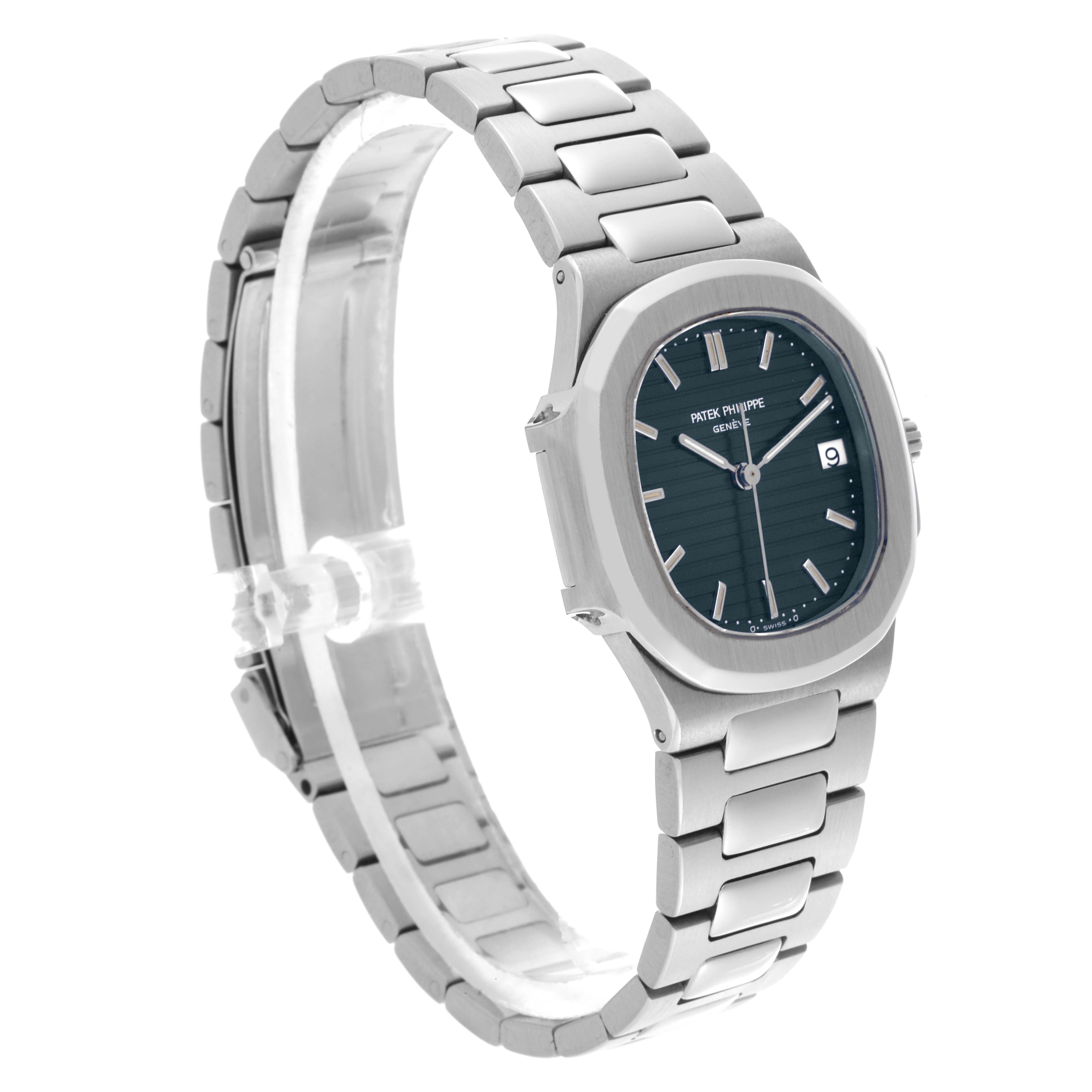 The image shows a side angle of the Patek Philippe Nautilus 3900/1J-001 Women's Stainless Steel Grey Dial 3900/1J-001 Women's Stainless Steel Grey Dial watch, highlighting its face, bezel, and metal bracelet.