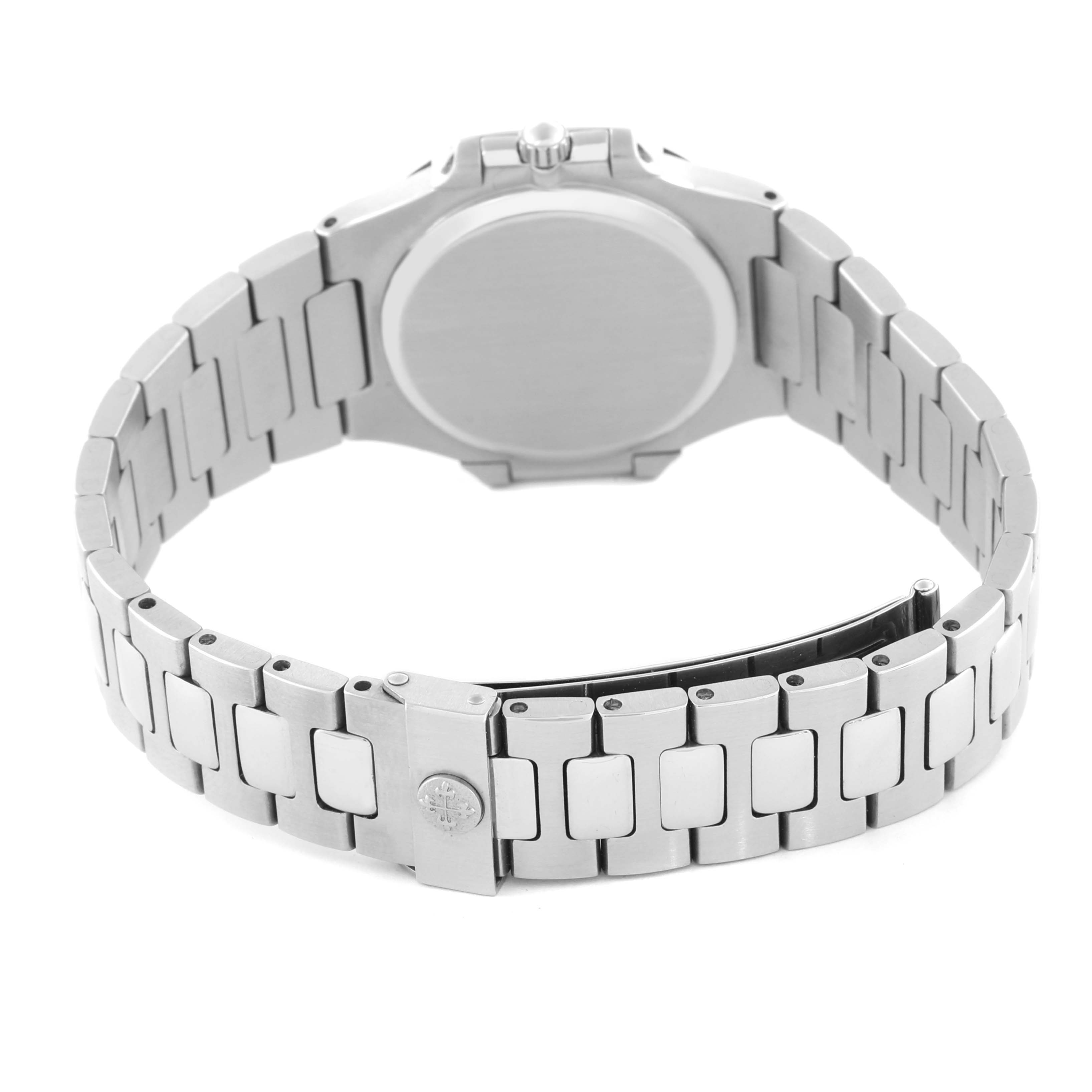 The image shows the back view of a Patek Philippe Nautilus 3900/1J-001 Women's Stainless Steel Grey Dial 3900/1J-001 Women's Stainless Steel Grey Dial watch, highlighting the closed clasp and bracelet links.