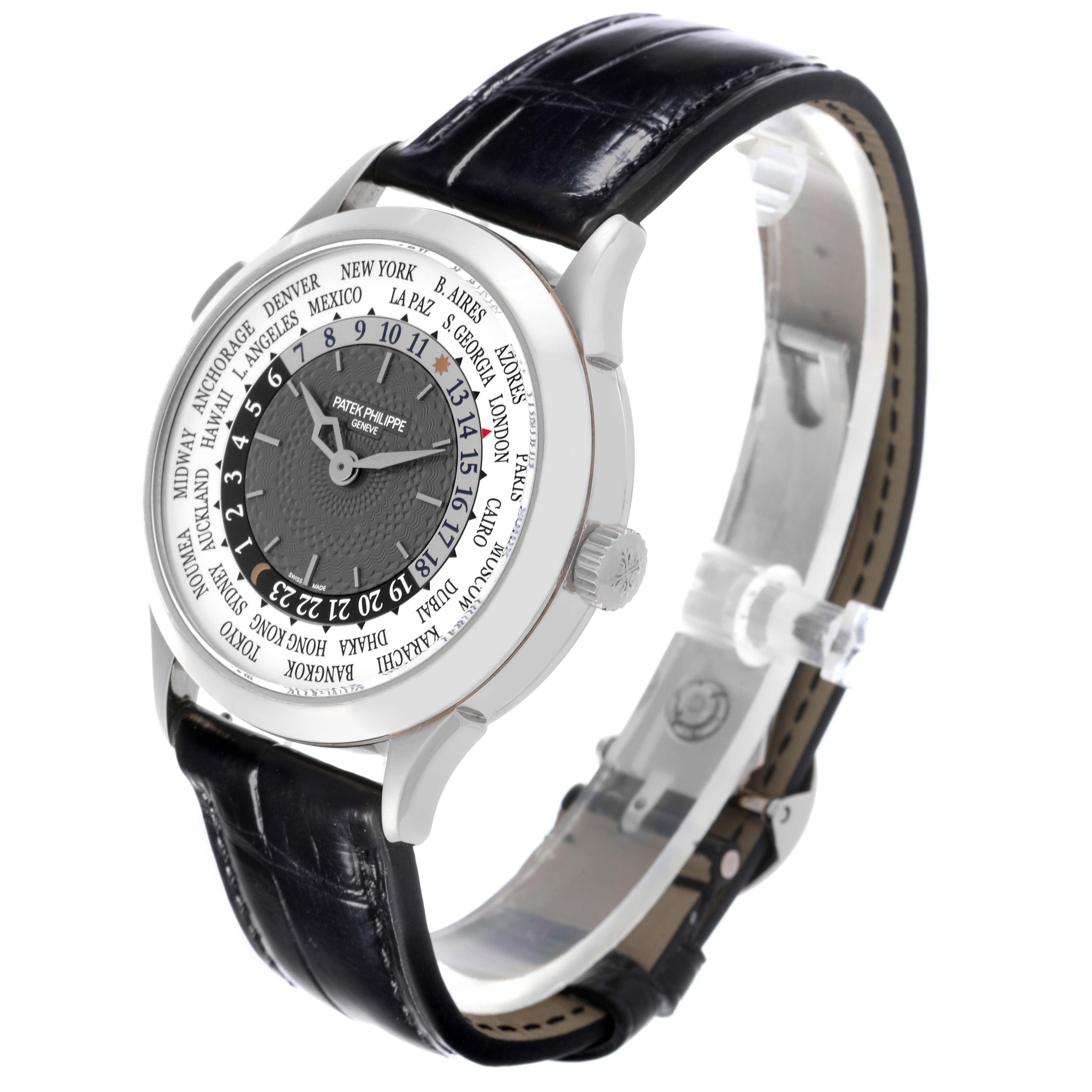 The Patek Philippe Complications 5230G-001 Men's White Gold Grey Dial 5230G-001 Men's White Gold Grey Dial watch is shown from a slight side angle, displaying the face, bezel, crown, and strap.