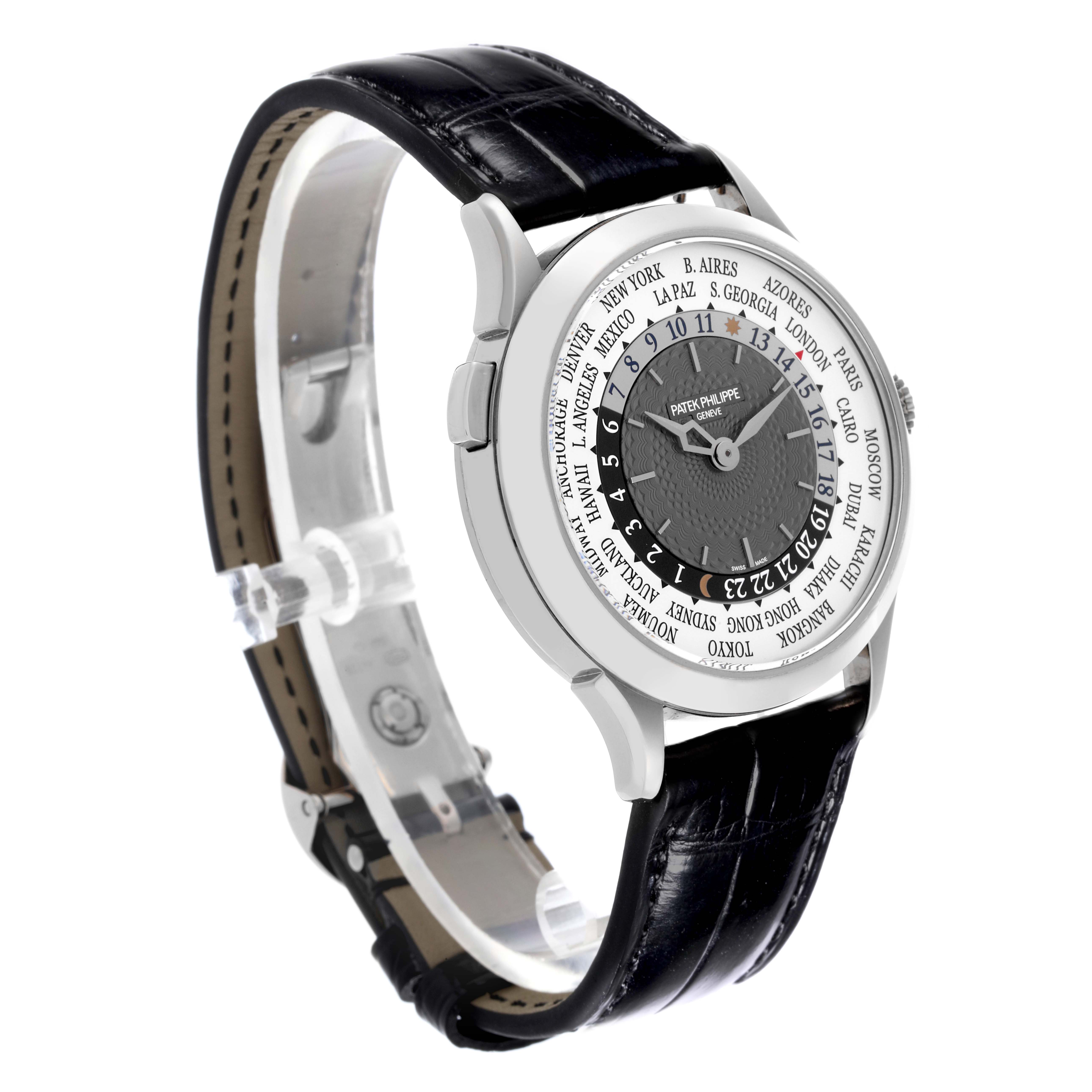 The Patek Philippe Complications 5230G-001 Men's White Gold Grey Dial 5230G-001 Men's White Gold Grey Dial watch is shown at a three-quarter angle, highlighting the dial, bezel, and leather strap.