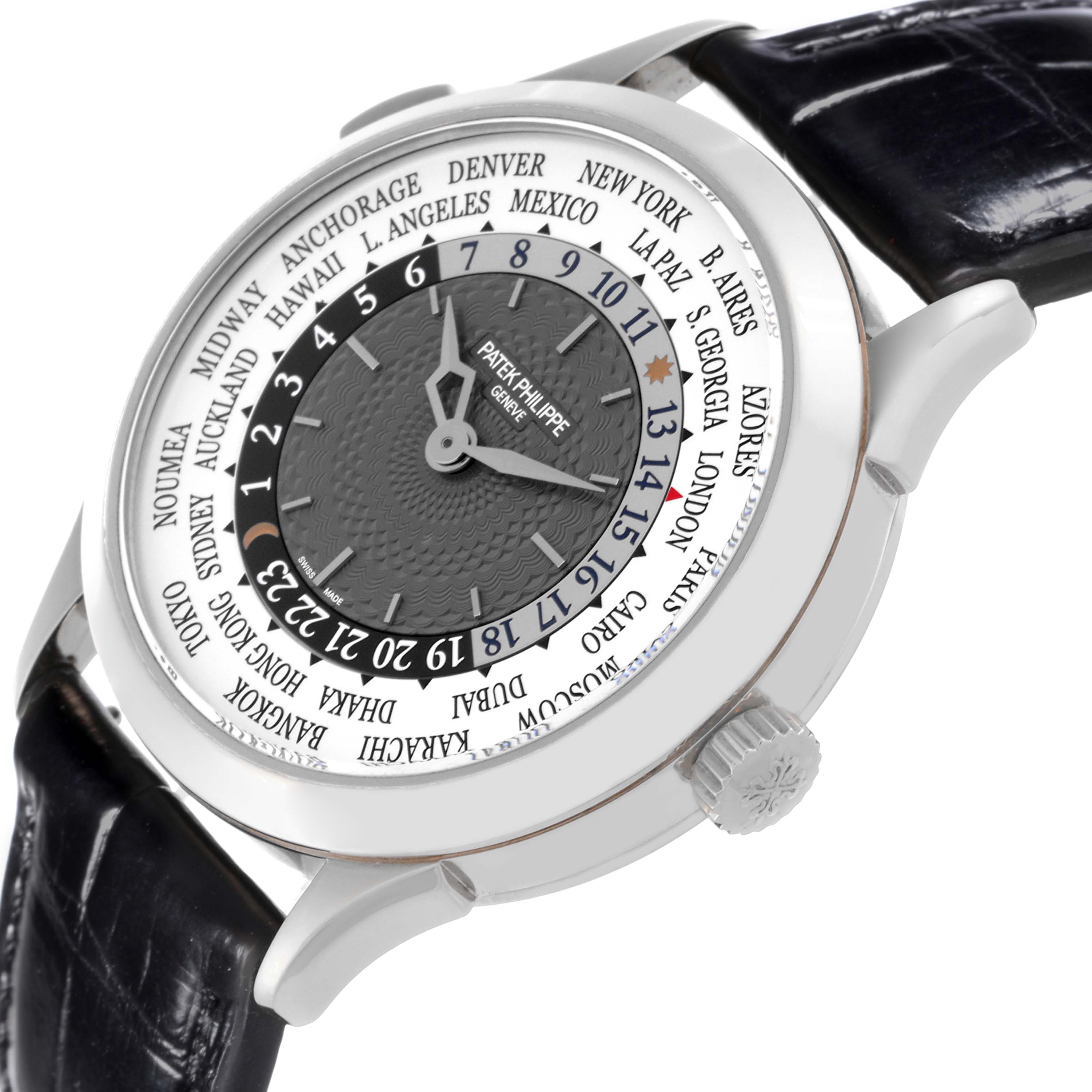 The image shows a Patek Philippe Complications 5230G-001 Men's White Gold Grey Dial 5230G-001 Men's White Gold Grey Dial watch at a side angle with the face, crown, and strap visible.