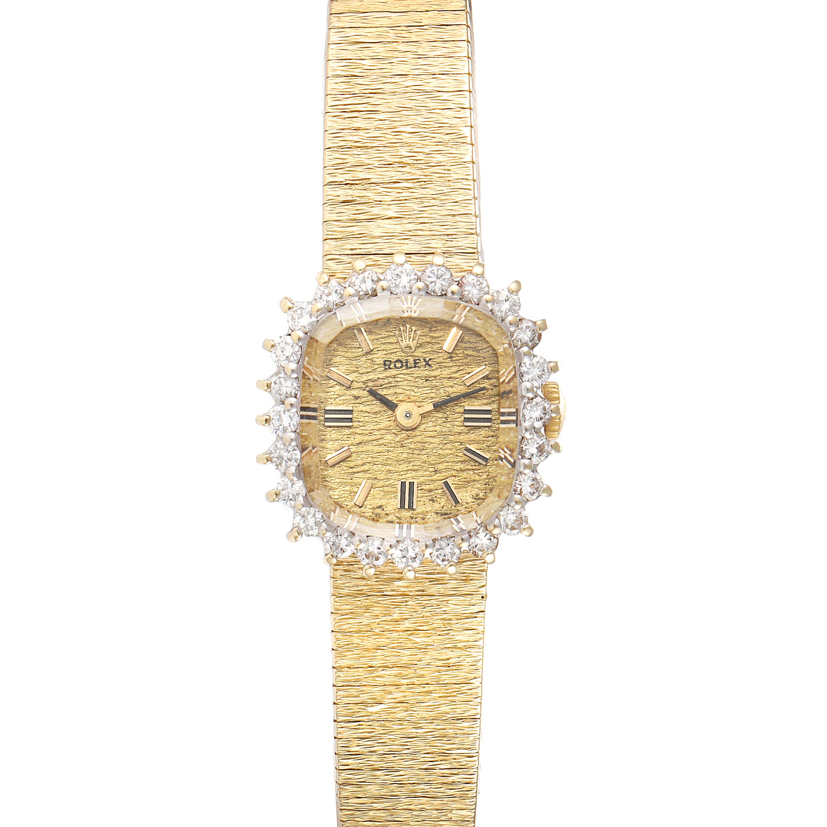 This image shows a top view of a Rolex Cocktail Women
s Yellow Gold Champagne Dial Women
s Yellow Gold Champagne Dial watch with a gold strap and diamond-encrusted bezel.