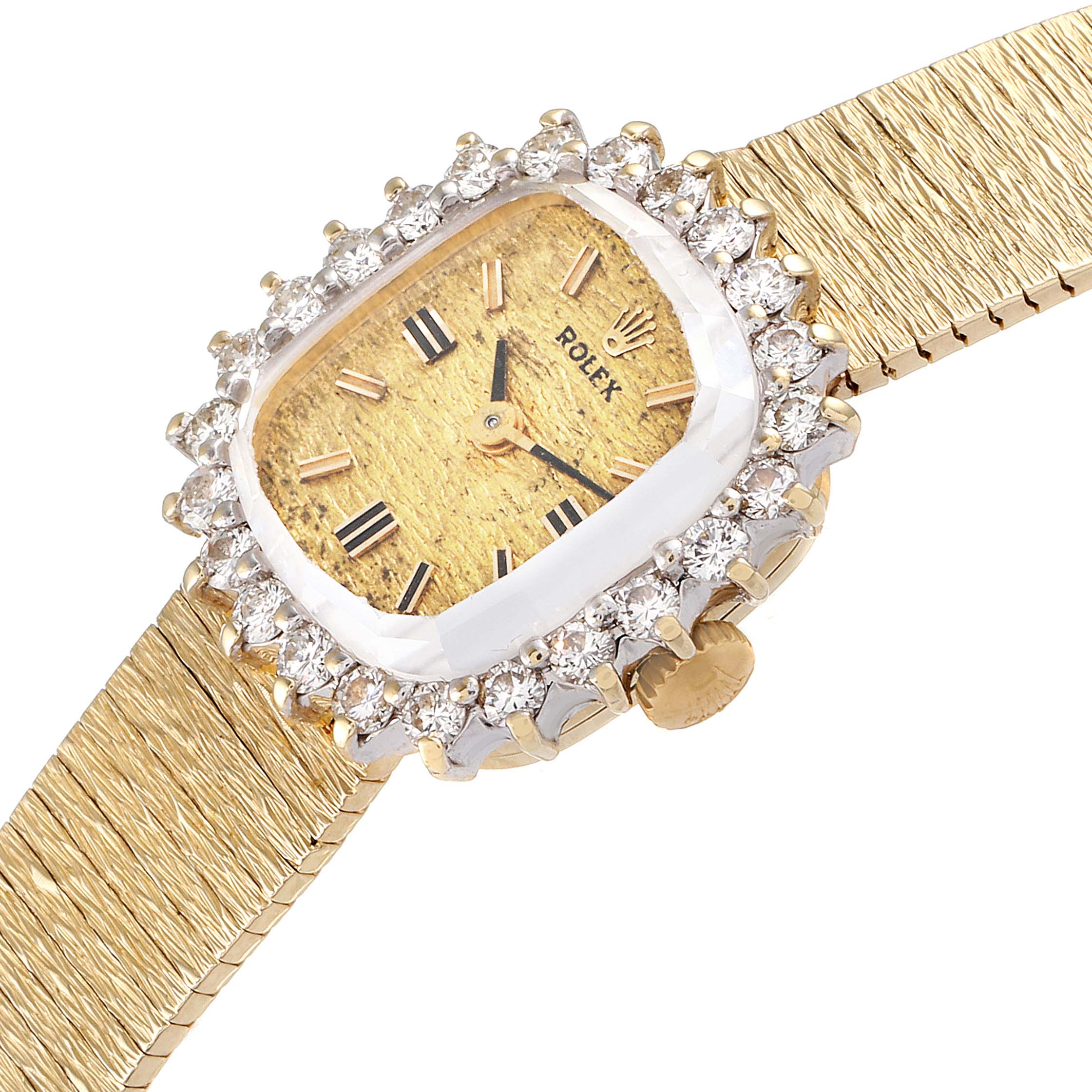 The image shows a close-up of the Rolex Cocktail Women
s Yellow Gold Champagne Dial Women
s Yellow Gold Champagne Dial model watch, highlighting its gold dial, diamond bezel, crown, and part of the bracelet.