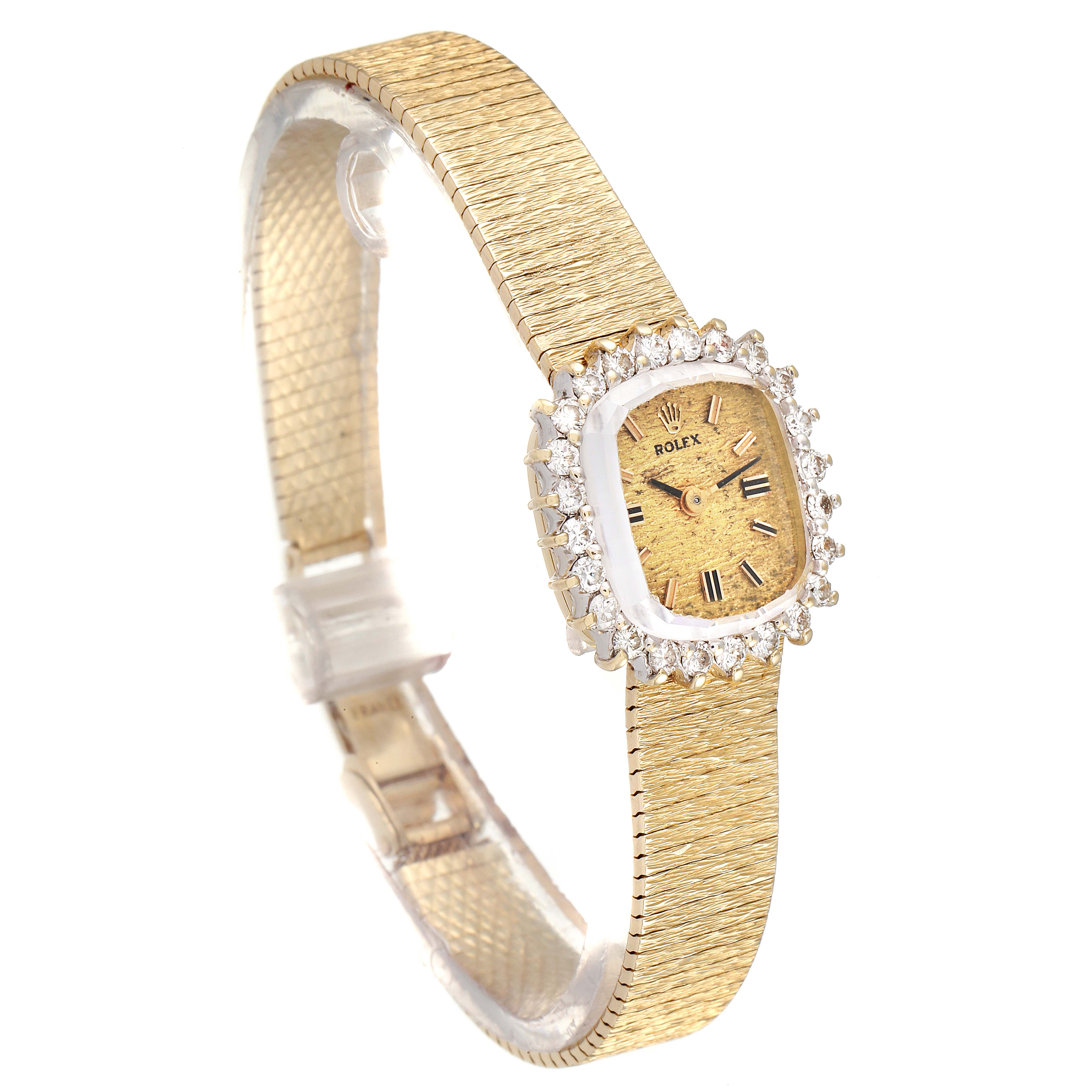 The Rolex Cocktail Women
s Yellow Gold Champagne Dial Women
s Yellow Gold Champagne Dial watch model is shown at an angle highlighting its gold band and diamond-encrusted face.
