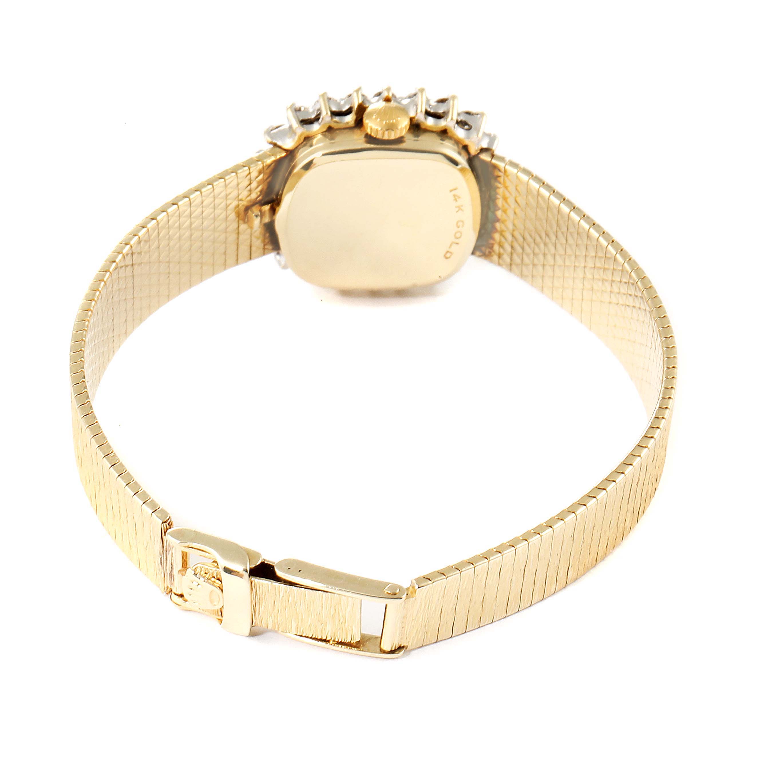 The image shows the back view and clasp of the Rolex Cocktail Women
s Yellow Gold Champagne Dial Women
s Yellow Gold Champagne Dial model watch.