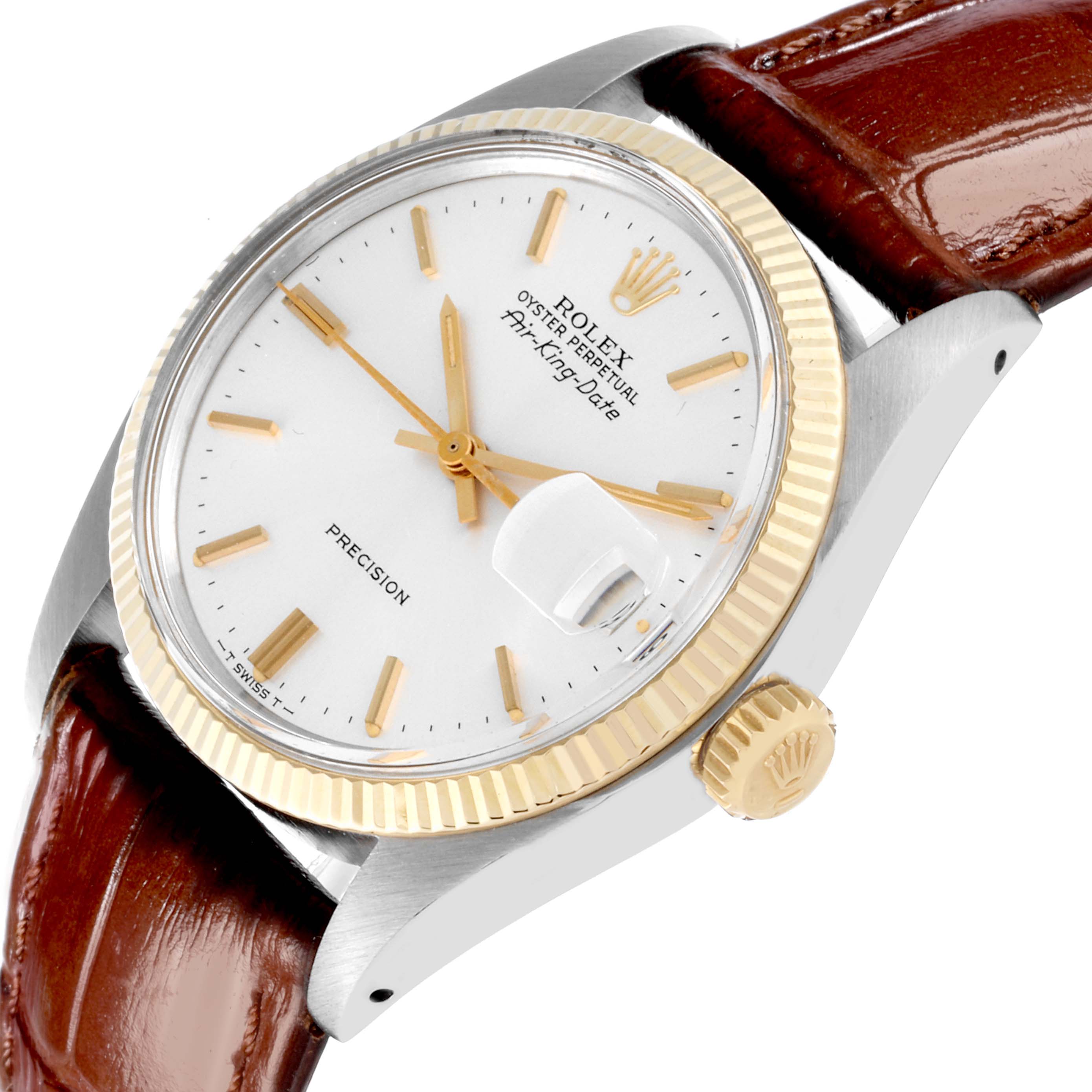 The Rolex Vintage Collection 5701 Men's Steel and Gold (two tone) Silver Dial 5701 Men's Steel and Gold (two tone) Silver Dial watch is shown at an angle highlighting the dial, fluted bezel, crown, and leather strap.