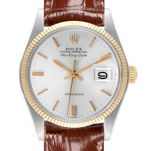 The Rolex Vintage Collection watch is shown from a front angle, displaying the dial, bezel, and brown leather strap.