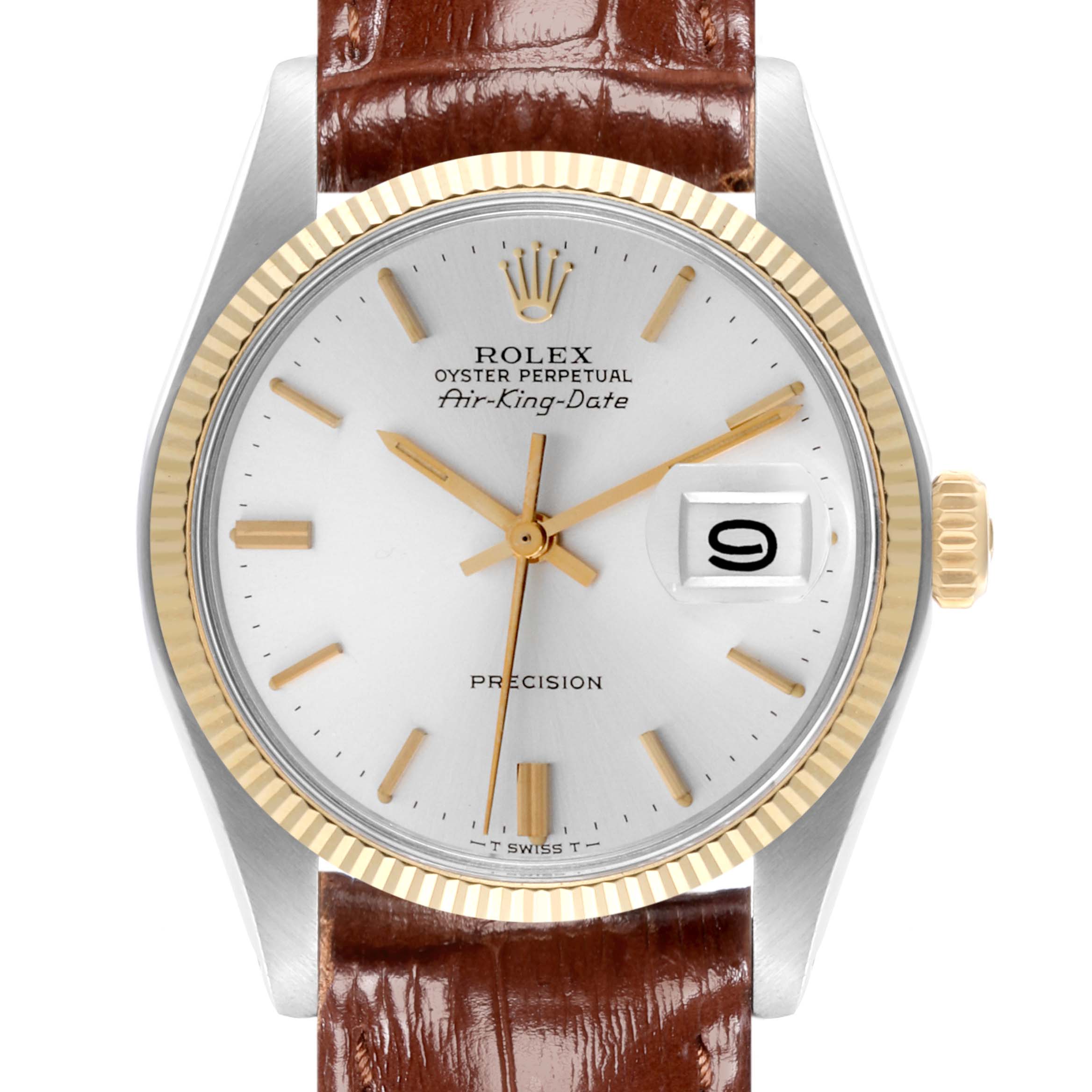 The Rolex Vintage Collection 5701 Men's Steel and Gold (two tone) Silver Dial 5701 Men's Steel and Gold (two tone) Silver Dial model is shown from a top view, displaying the dial, bezel, crown, and leather strap.