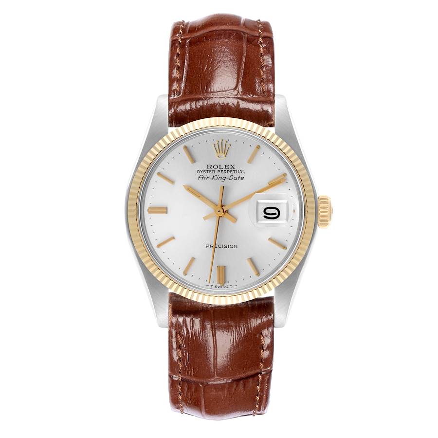 The Vintage Collection Rolex watch is shown from a front angle, displaying its face, bezel, and brown leather strap.