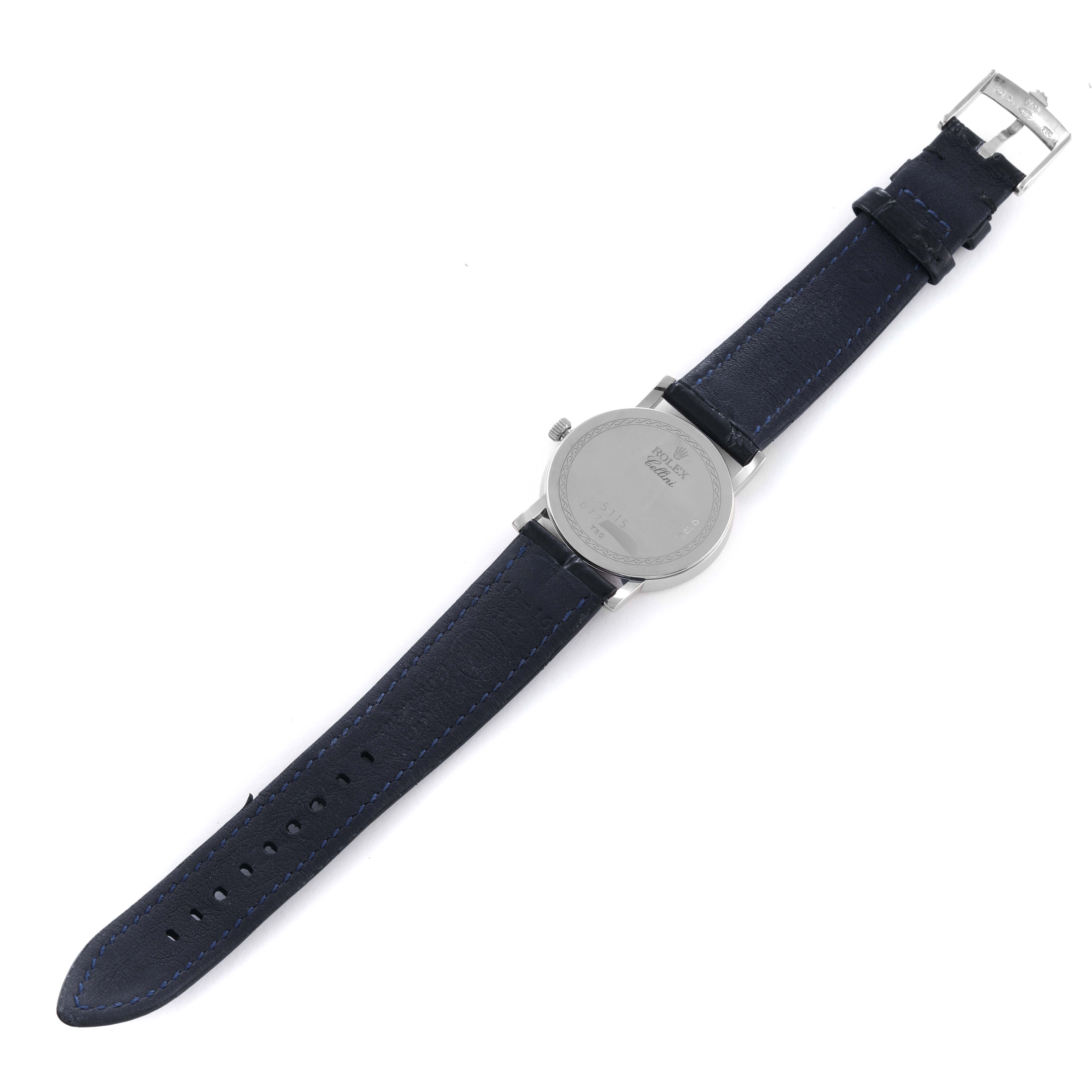 This image shows the back and strap of a Rolex Cellini 5115 Men
s Stainless Steel Silver Dial 5115 Men
s Stainless Steel Silver Dial watch laid out flat.