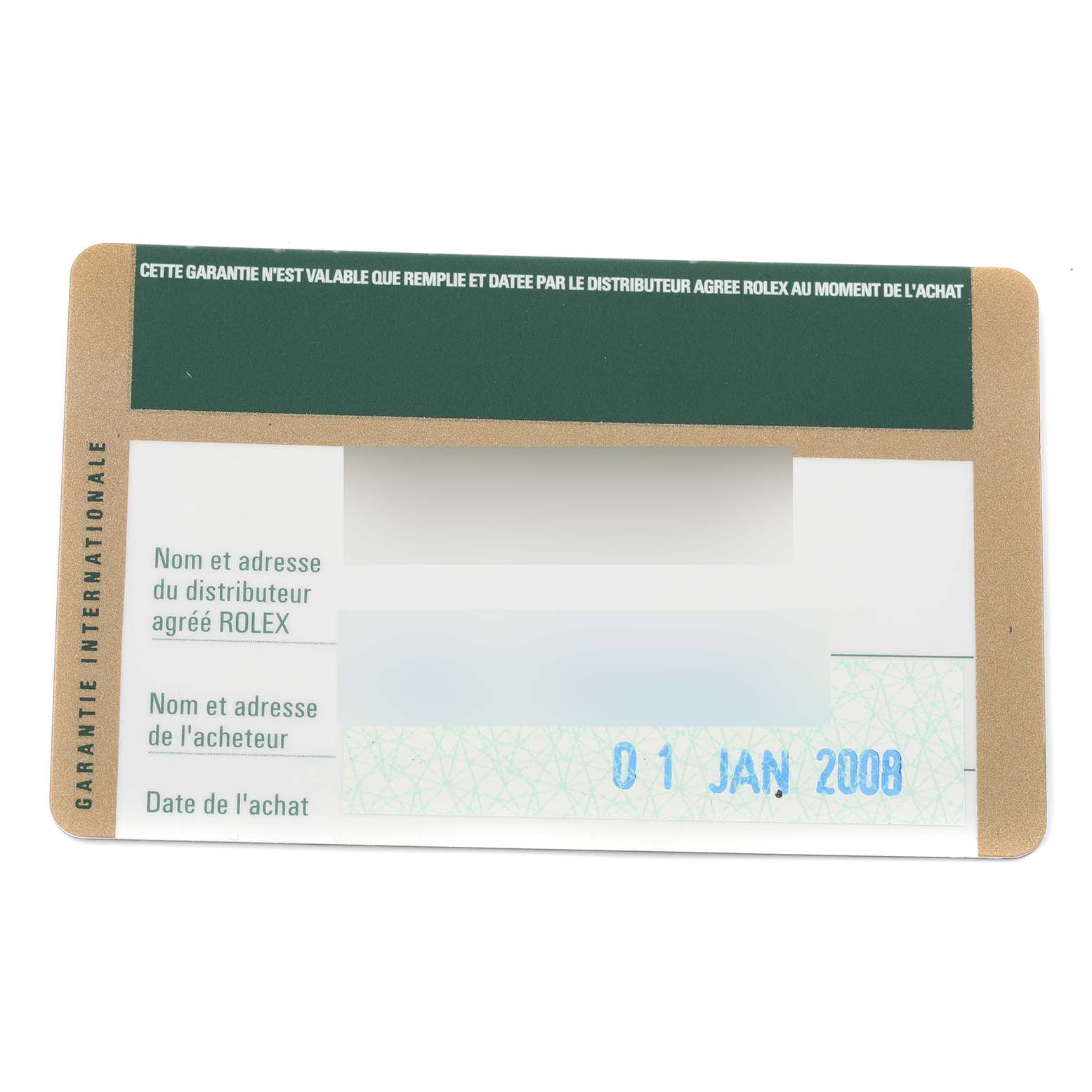 The image shows a Rolex Cellini 5115 Men
s Stainless Steel Silver Dial 5115 Men
s Stainless Steel Silver Dial warranty card with purchase details and a date of January 1, 2008.