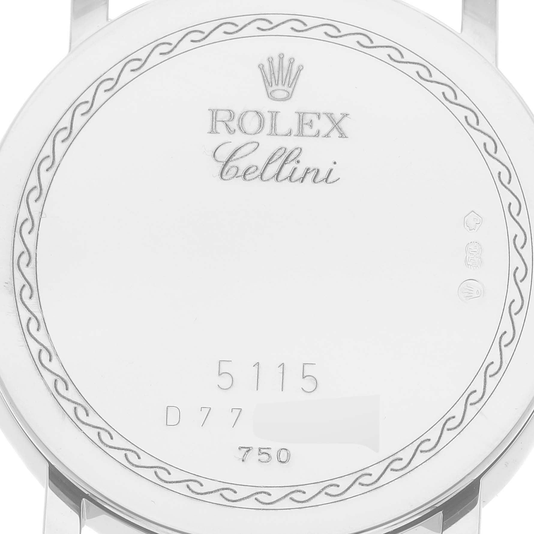 The image shows the backside of the Rolex Cellini 5115 Men
s Stainless Steel Silver Dial 5115 Men
s Stainless Steel Silver Dial 5115 watch, highlighting the intricate engravings and model details.