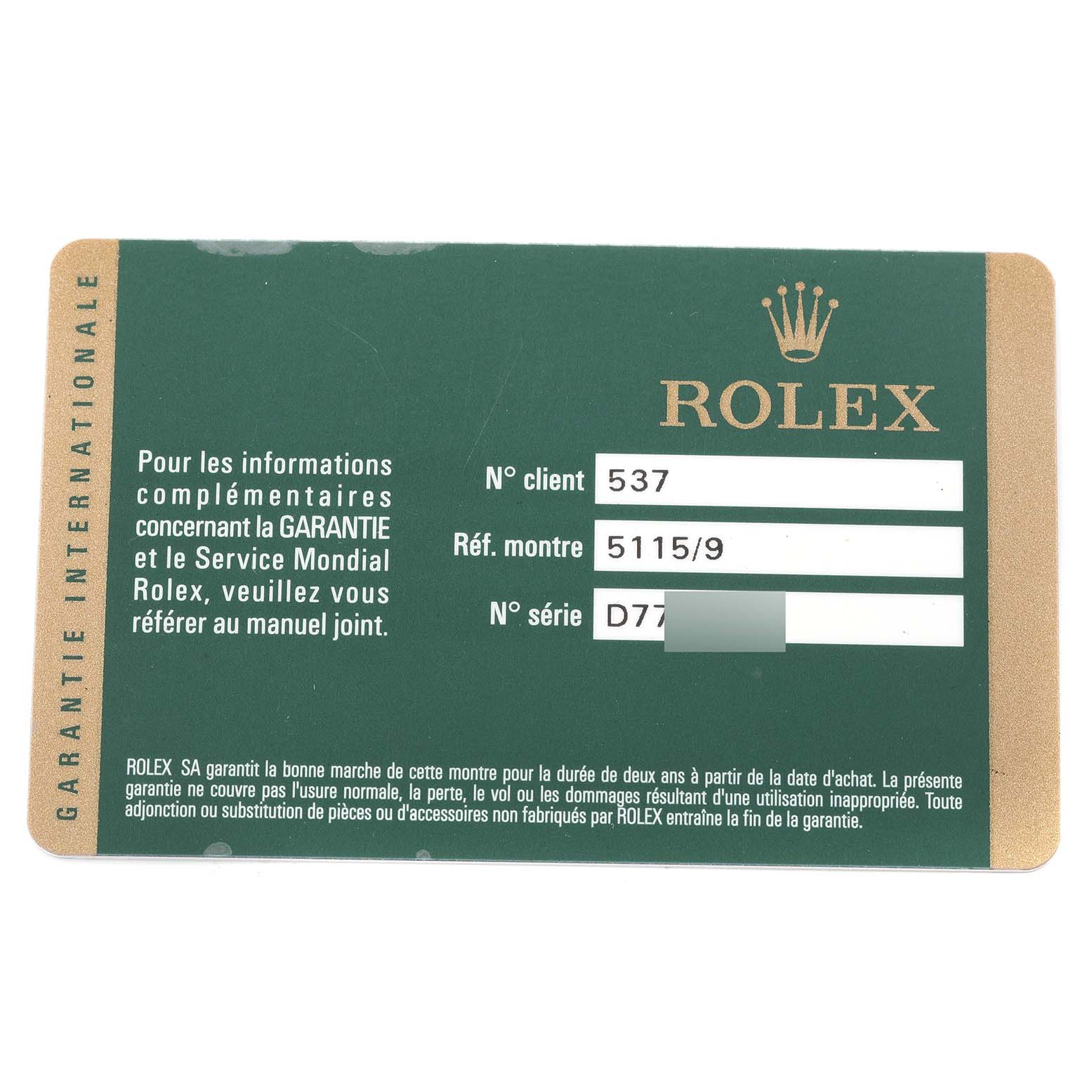 The image shows a warranty card for a Rolex Cellini 5115 Men
s Stainless Steel Silver Dial 5115 Men
s Stainless Steel Silver Dial model, displaying reference and serial numbers.