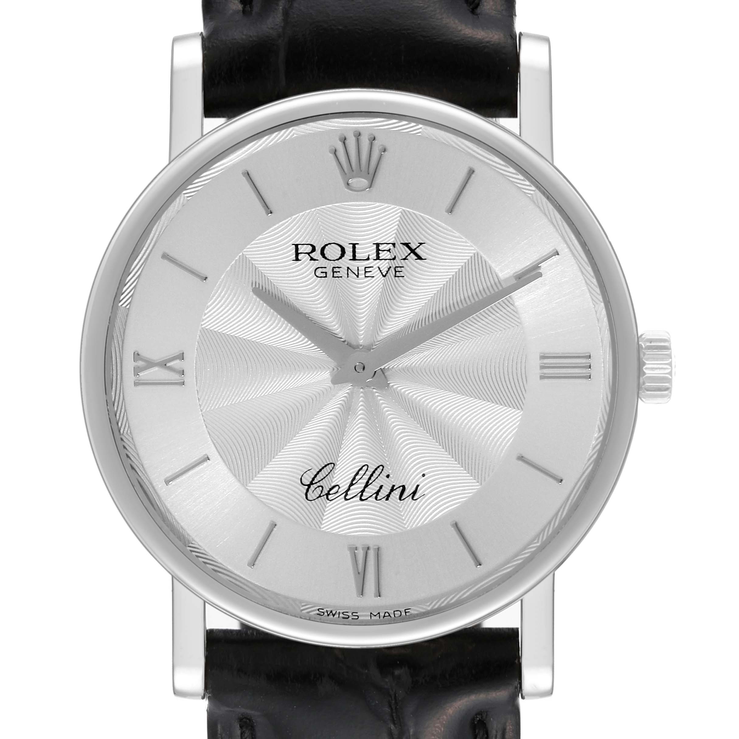 The Rolex Cellini 5115 Men
s Stainless Steel Silver Dial 5115 Men
s Stainless Steel Silver Dial watch is shown from the front, displaying the face, crown, lugs, and part of the strap.