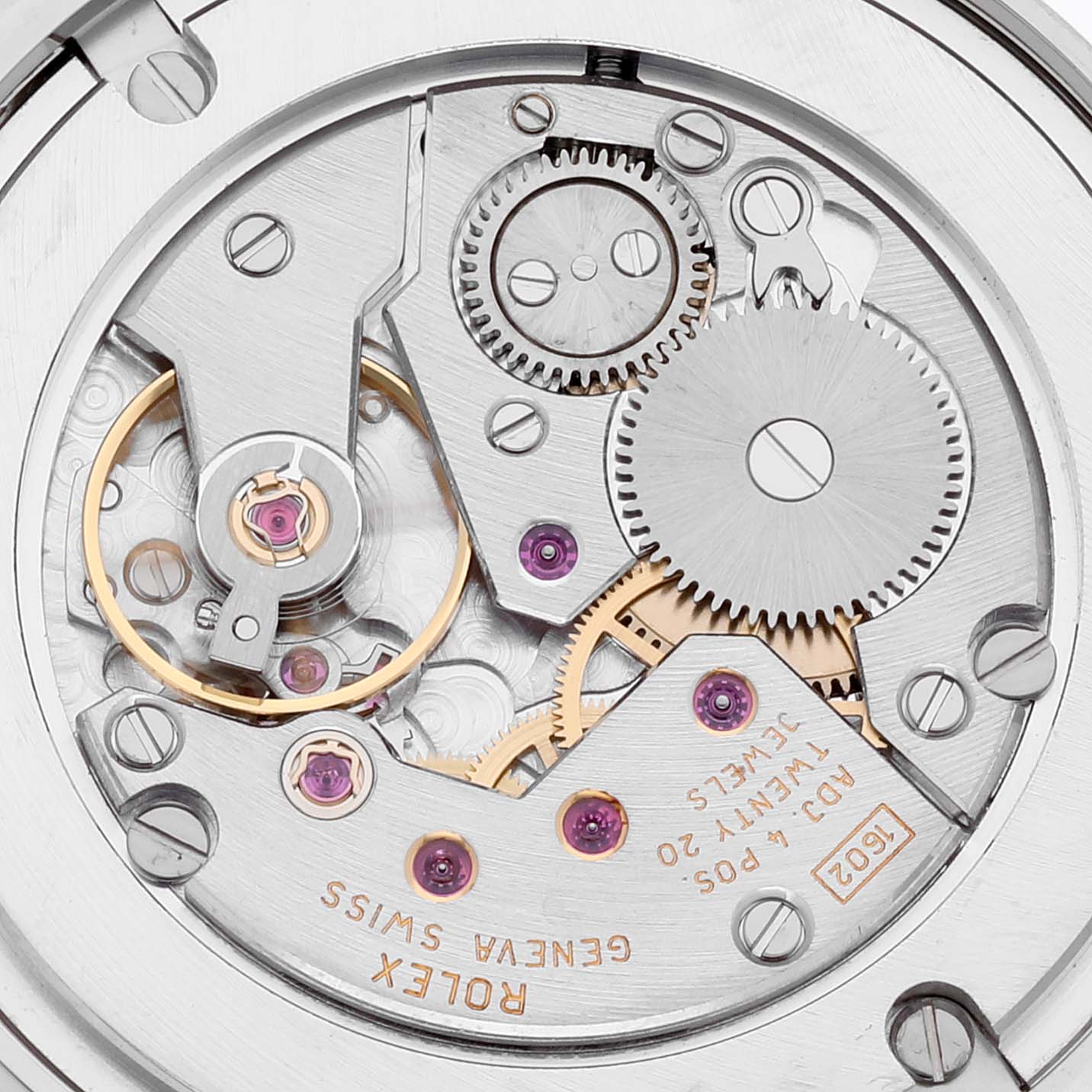 This image shows the intricate internal mechanical movement of a Rolex Cellini 5115 Men
s Stainless Steel Silver Dial 5115 Men
s Stainless Steel Silver Dial watch from a close-up angle.