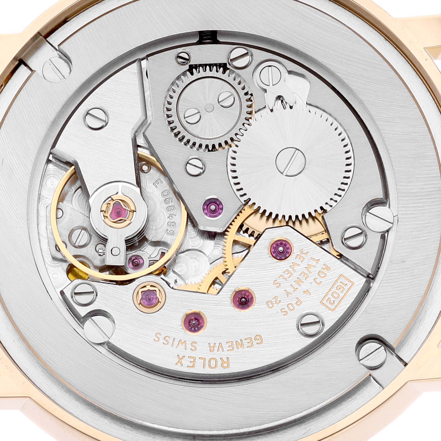 The image shows the back view of the inner mechanical movement of a Rolex Cellini 5115 Men's Yellow Gold Silver Dial 5115 Men's Yellow Gold Silver Dial watch.
