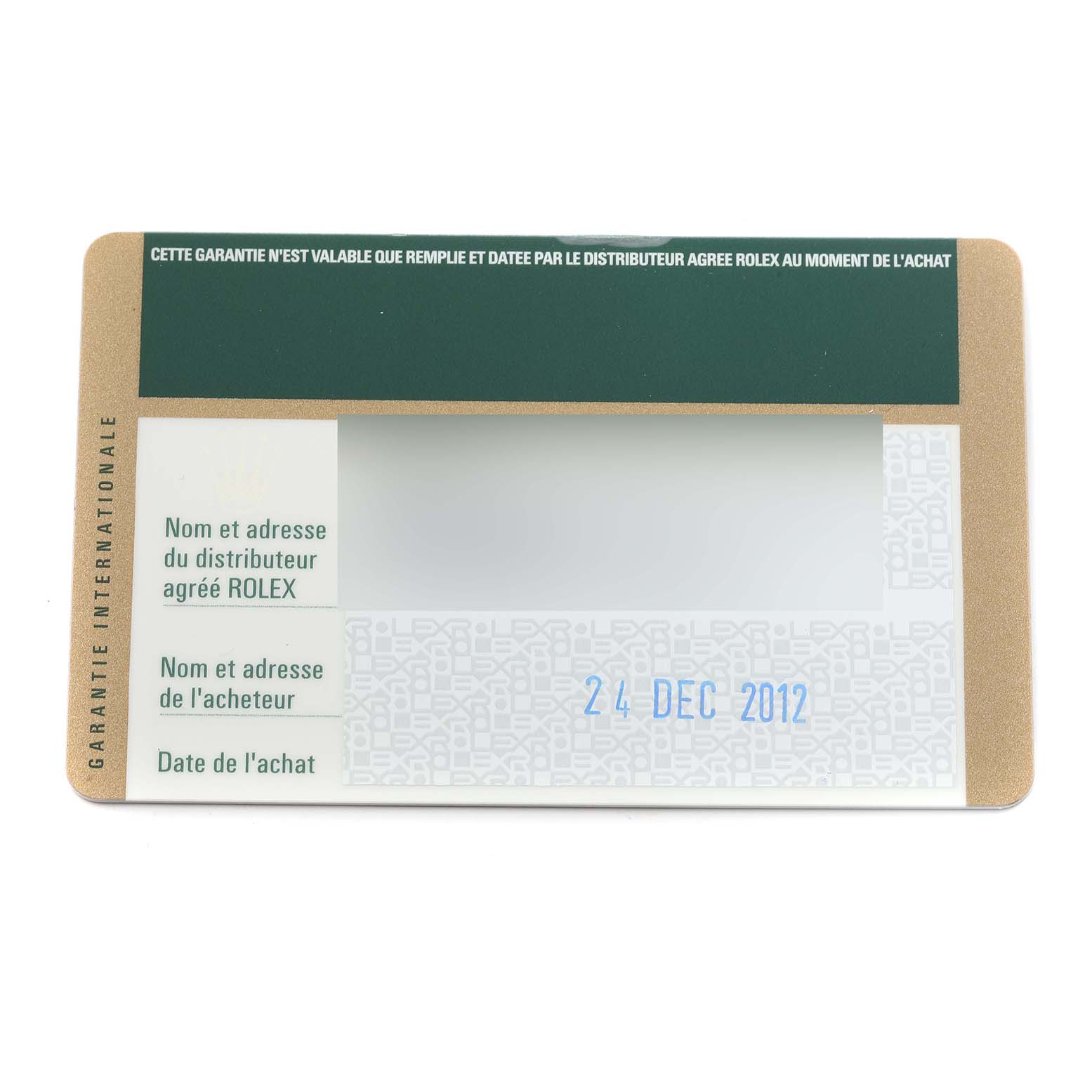 This image displays a Rolex Cellini 5115 Men's Yellow Gold Silver Dial 5115 Men's Yellow Gold Silver Dial warranty card, including sections for the distributor, buyer's details, and purchase date.