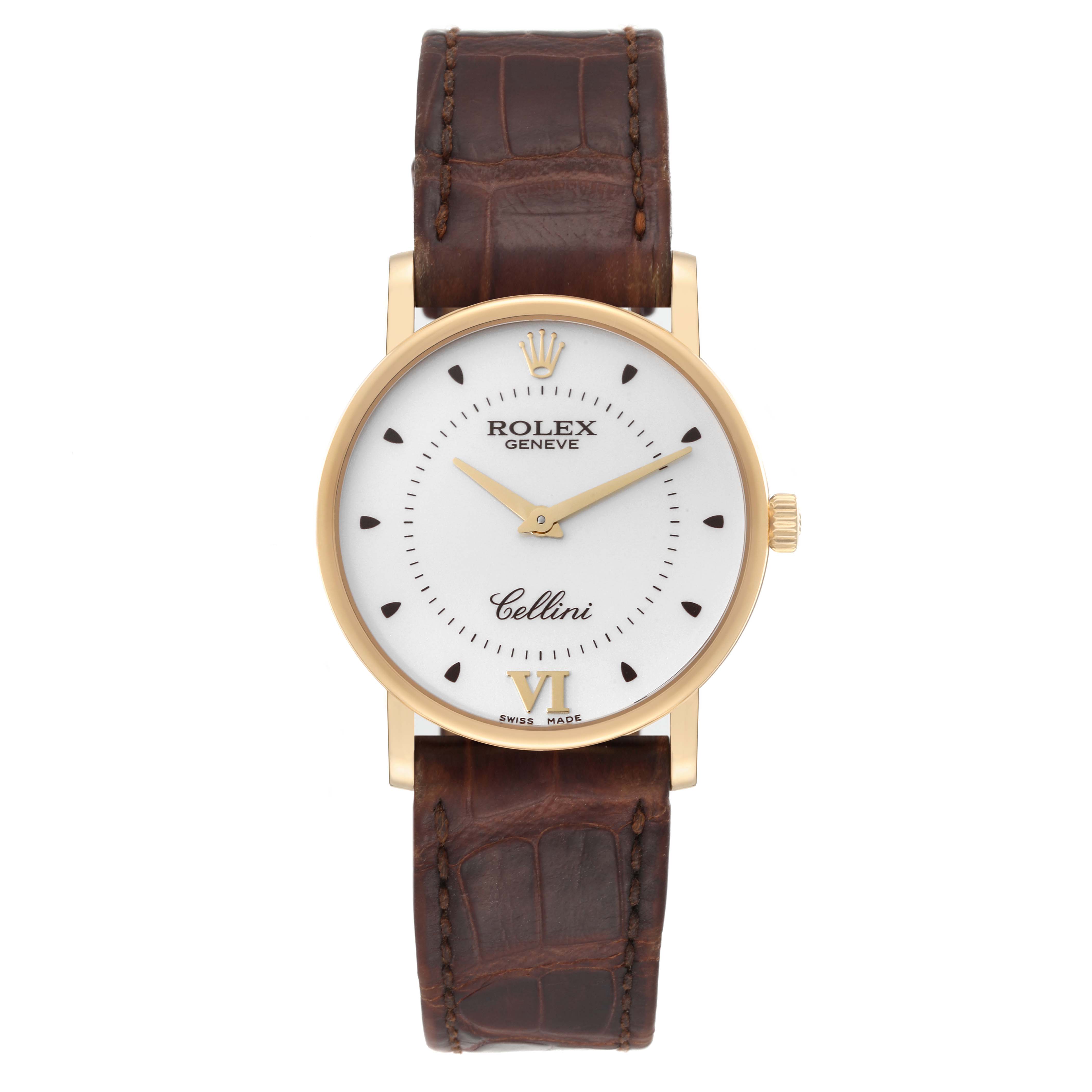 This image shows a front view of a Rolex Cellini 5115 Men's Yellow Gold Silver Dial 5115 Men's Yellow Gold Silver Dial watch with a brown leather strap and gold casing.