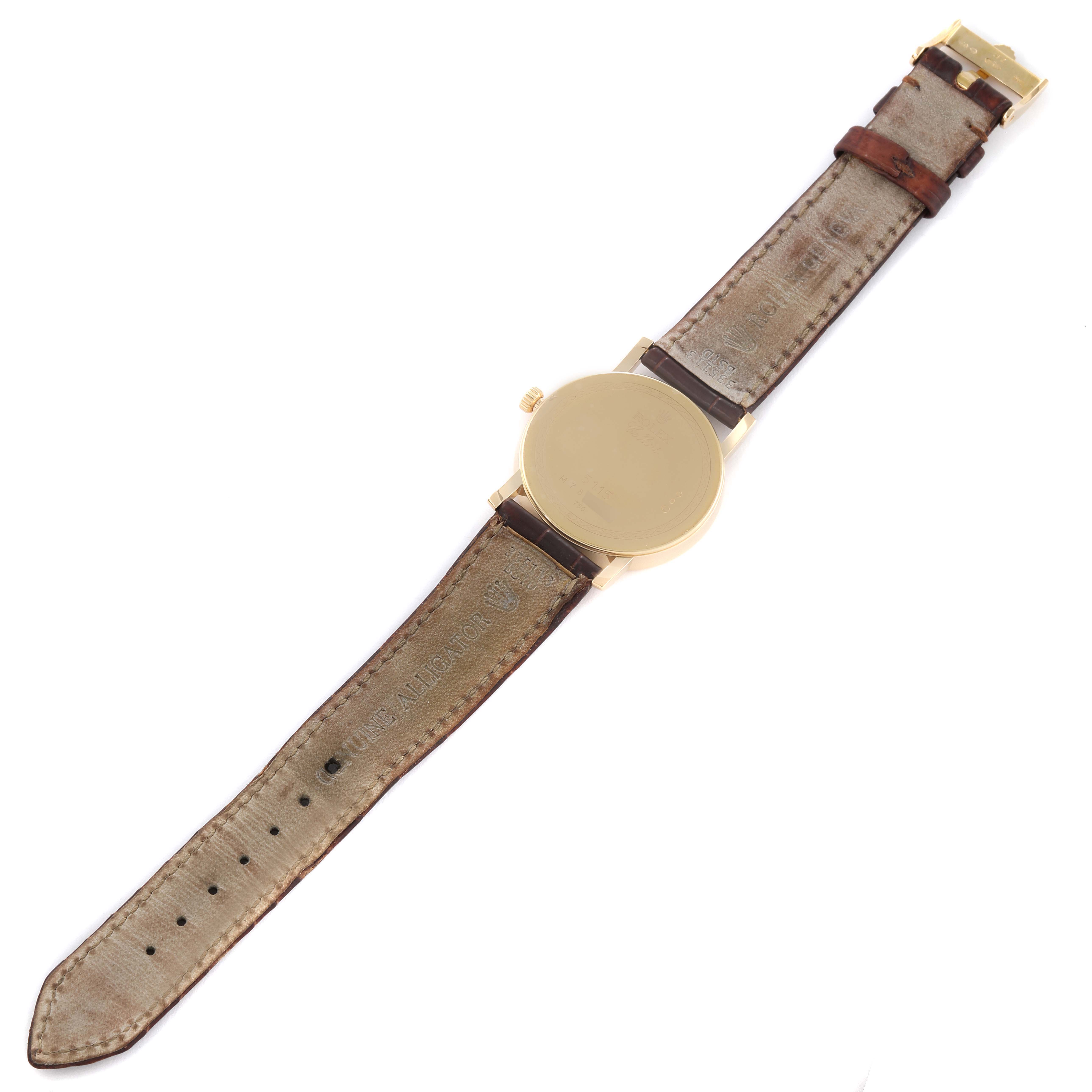 This image shows the back and band of a Rolex Cellini 5115 Men's Yellow Gold Silver Dial 5115 Men's Yellow Gold Silver Dial watch, laid flat with the buckle visible.