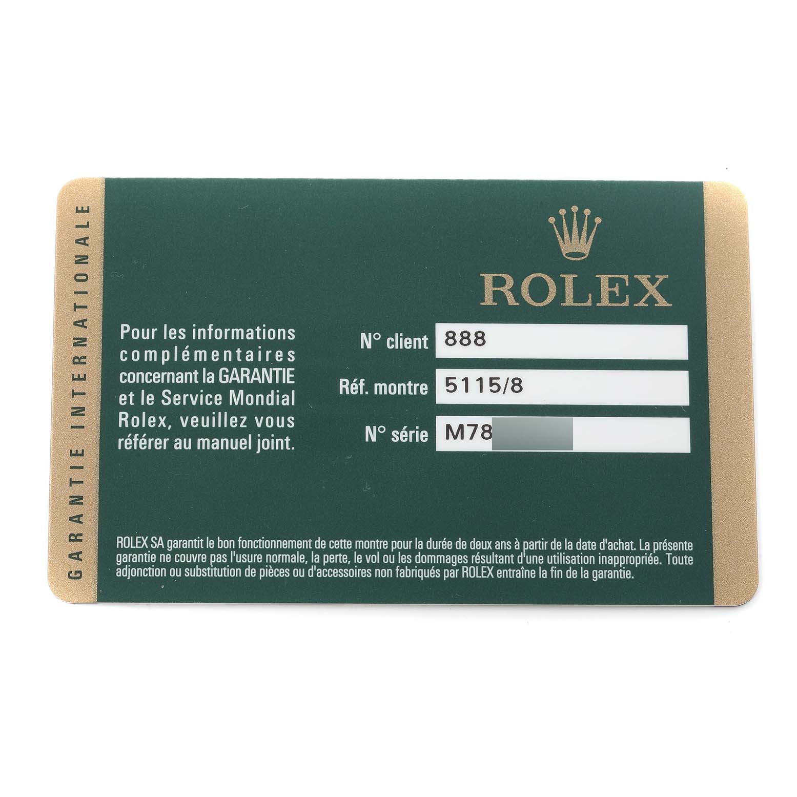 The image shows a warranty card for the Rolex Cellini 5115 Men's Yellow Gold Silver Dial 5115 Men's Yellow Gold Silver Dial model, featuring client number, watch reference number, and serial number.