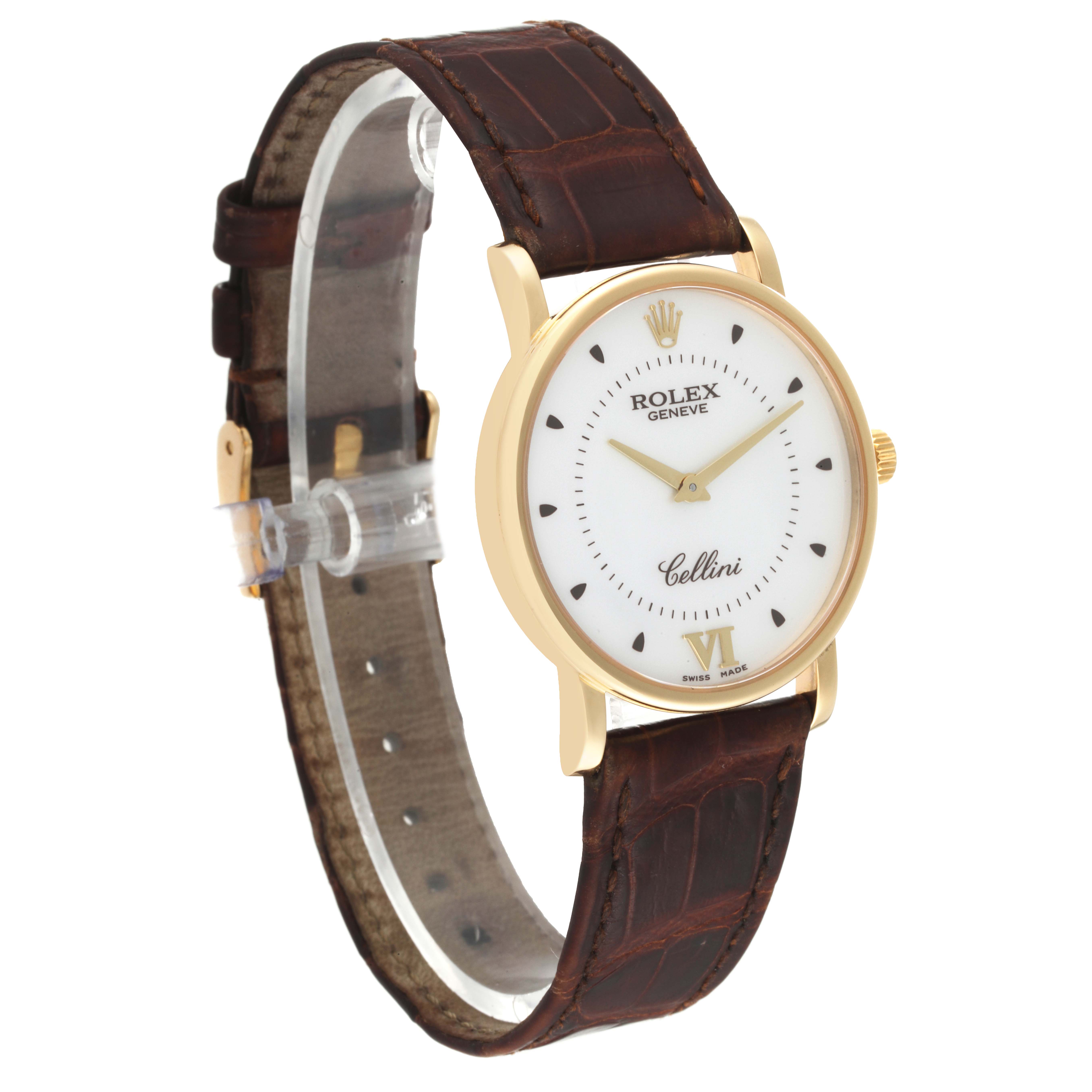 This image shows a Rolex Cellini 5115 Men's Yellow Gold Silver Dial 5115 Men's Yellow Gold Silver Dial watch at a three-quarter view, displaying the dial, crown, and brown leather strap.