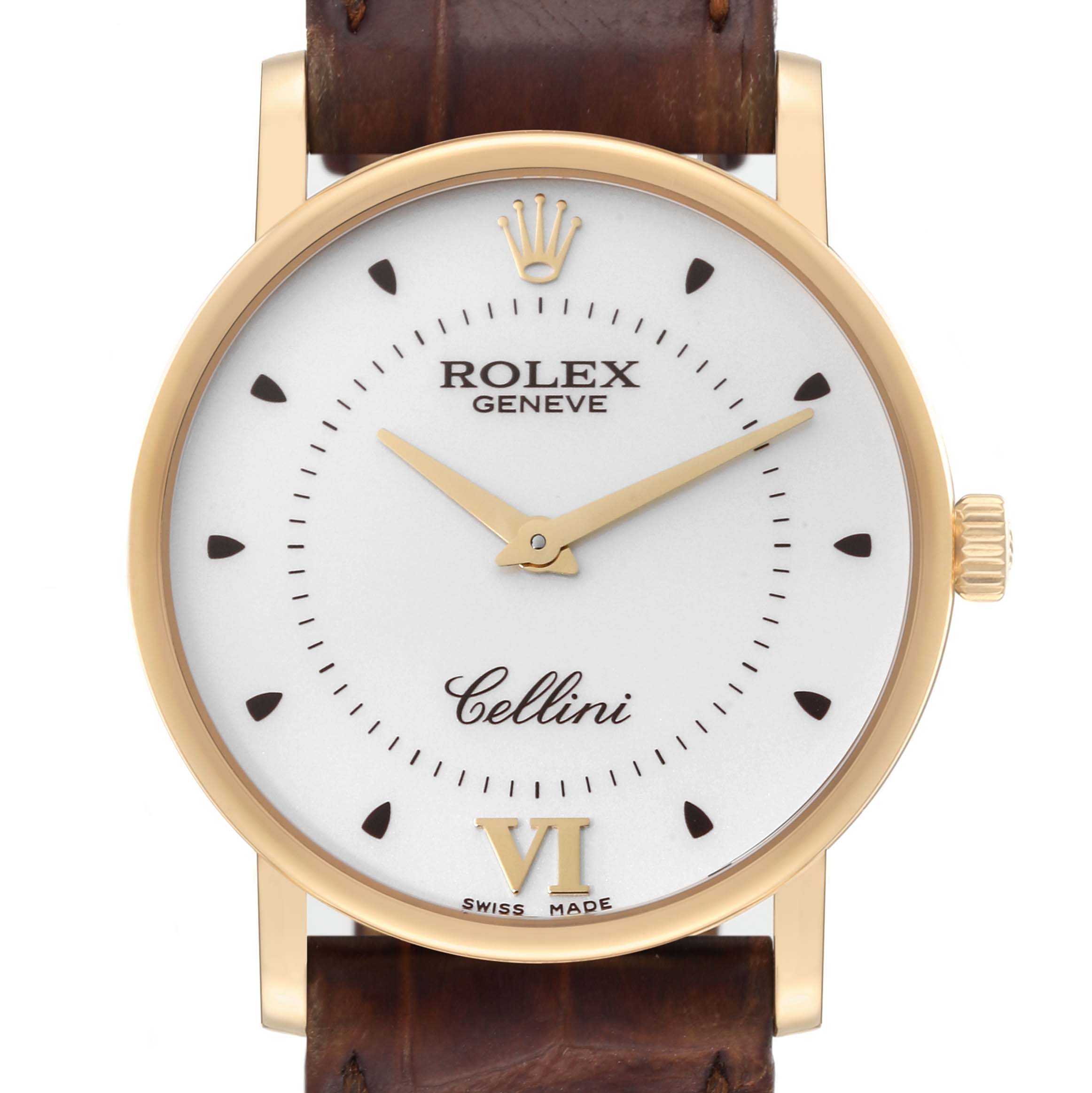 The Rolex Cellini 5115 Men's Yellow Gold Silver Dial 5115 Men's Yellow Gold Silver Dial watch is shown from a front angle, displaying the dial, hands, crown, case, and part of the leather strap.