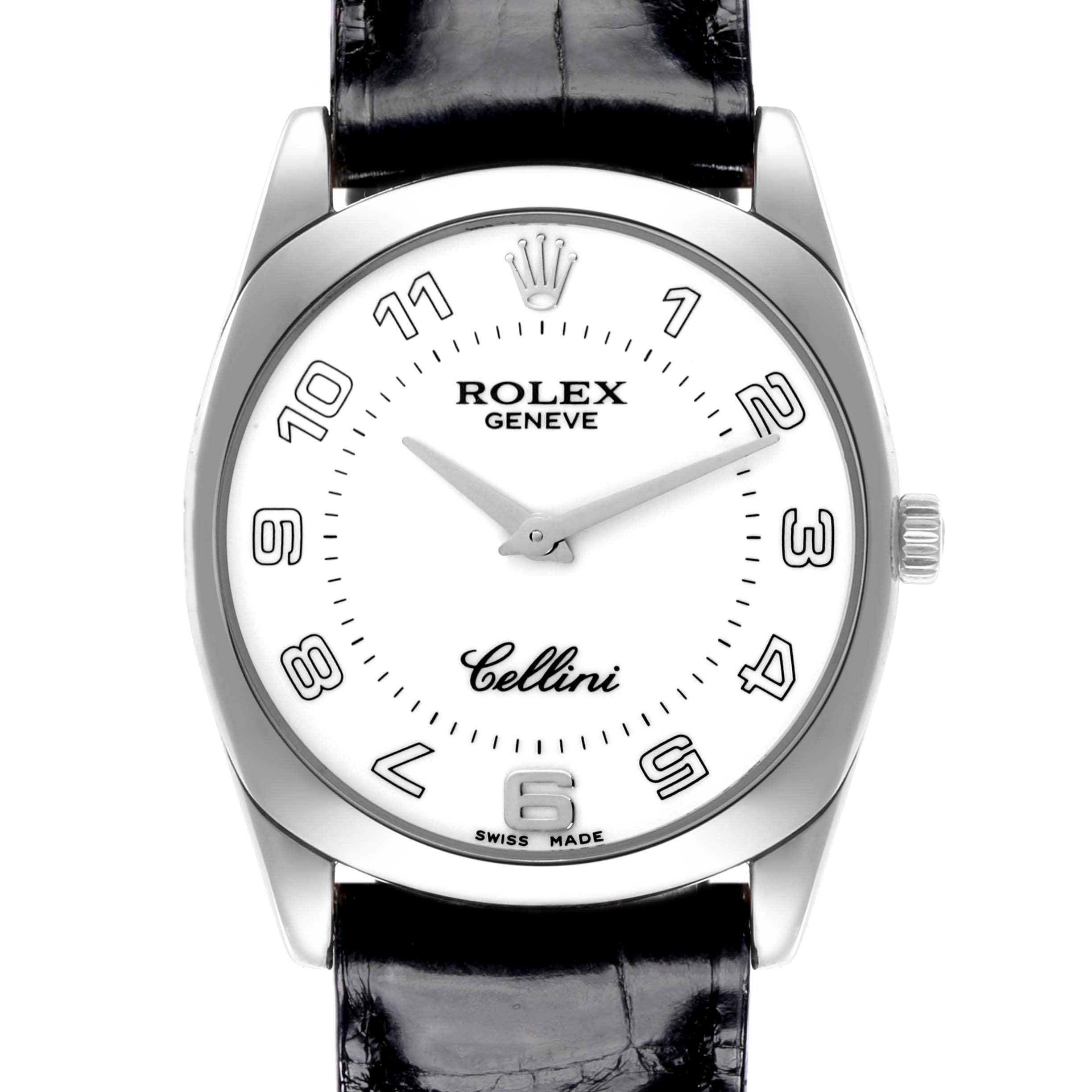 The Rolex Cellini 4233 Men's White Gold White Dial 4233 Men's White Gold White Dial watch is shown from the front, displaying the dial, case, crown, and part of the leather strap.