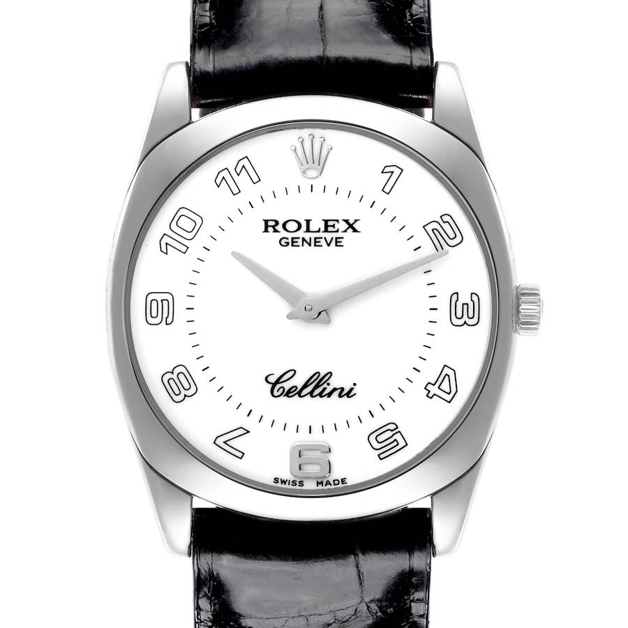 The Rolex Cellini watch is shown from the front, displaying the dial, case, crown, and part of the leather strap.