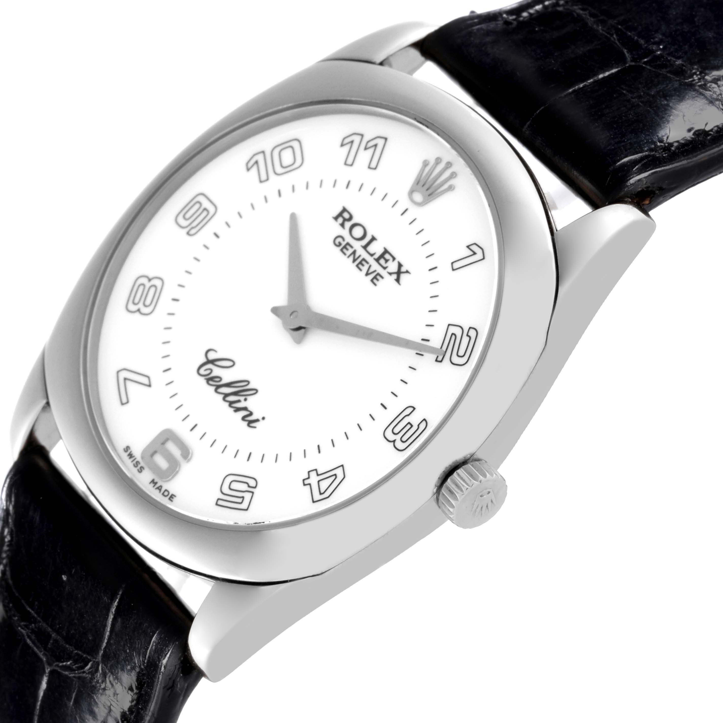 The Rolex Cellini 4233 Men's White Gold White Dial 4233 Men's White Gold White Dial watch is shown from an oblique angle, highlighting the face, case, crown, and strap.