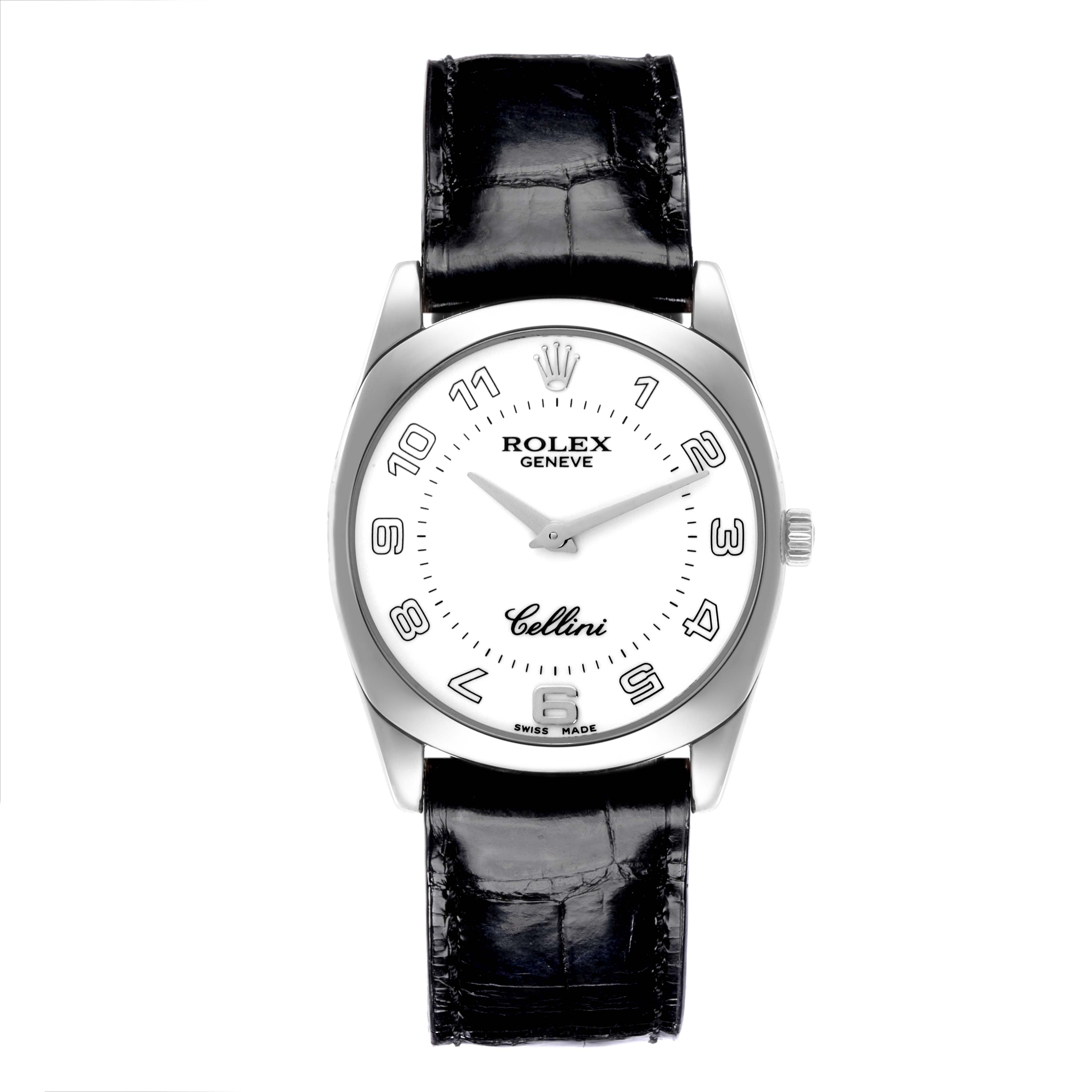 The Rolex Cellini 4233 Men's White Gold White Dial 4233 Men's White Gold White Dial watch is shown from a front view, displaying the dial, case, and black leather strap.