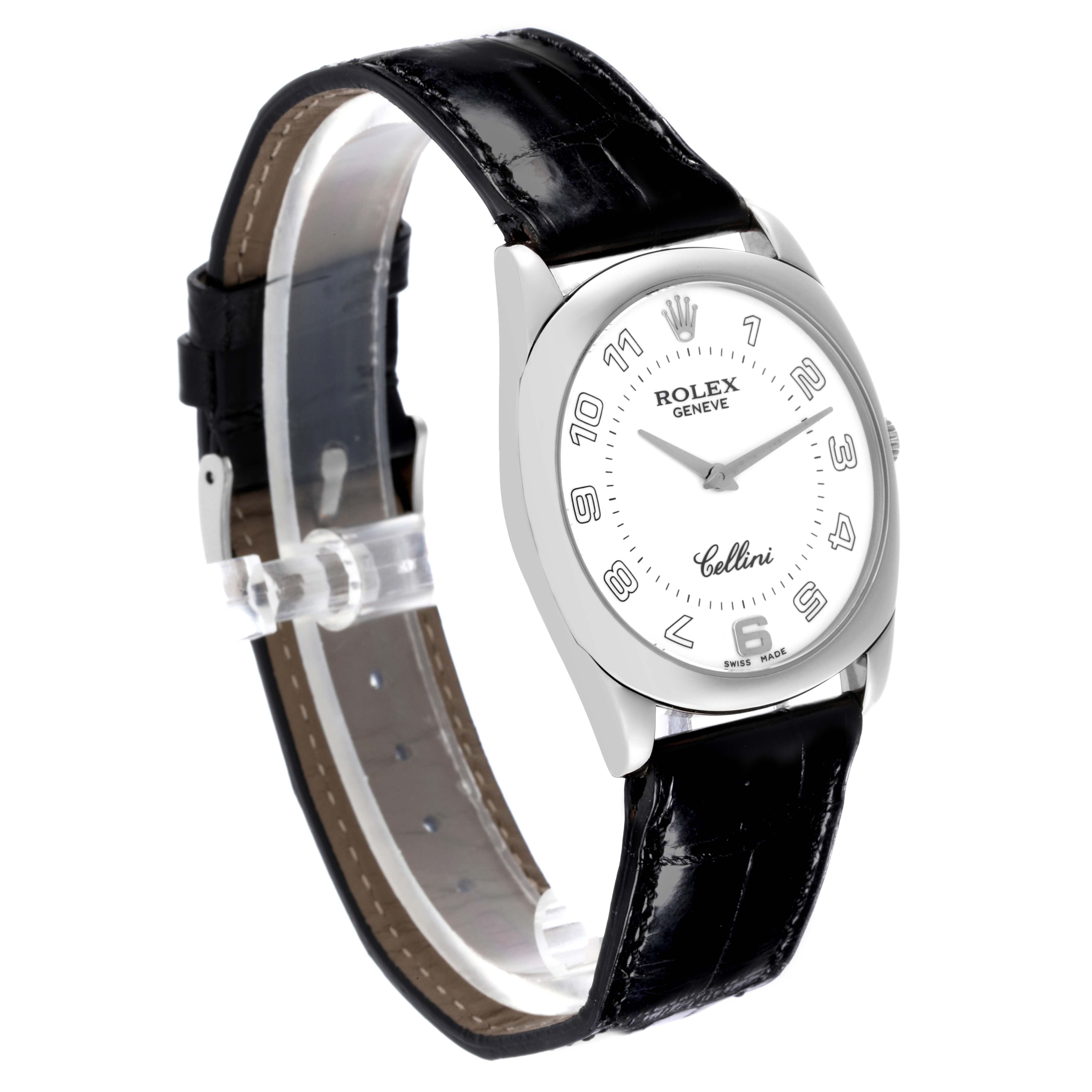 The Rolex Cellini 4233 Men's White Gold White Dial 4233 Men's White Gold White Dial watch is shown at a three-quarter angle, featuring the face, case, and leather strap.