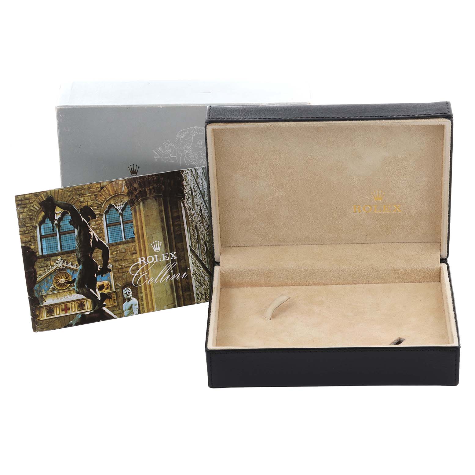 The image shows an open Rolex Cellini 4233 Men's White Gold White Dial 4233 Men's White Gold White Dial watch box and accompanying booklet from a front angle.