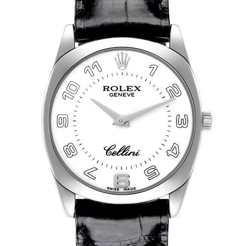 The Rolex Cellini watch is shown from a front angle, displaying the dial, case, crown, and part of the leather strap.