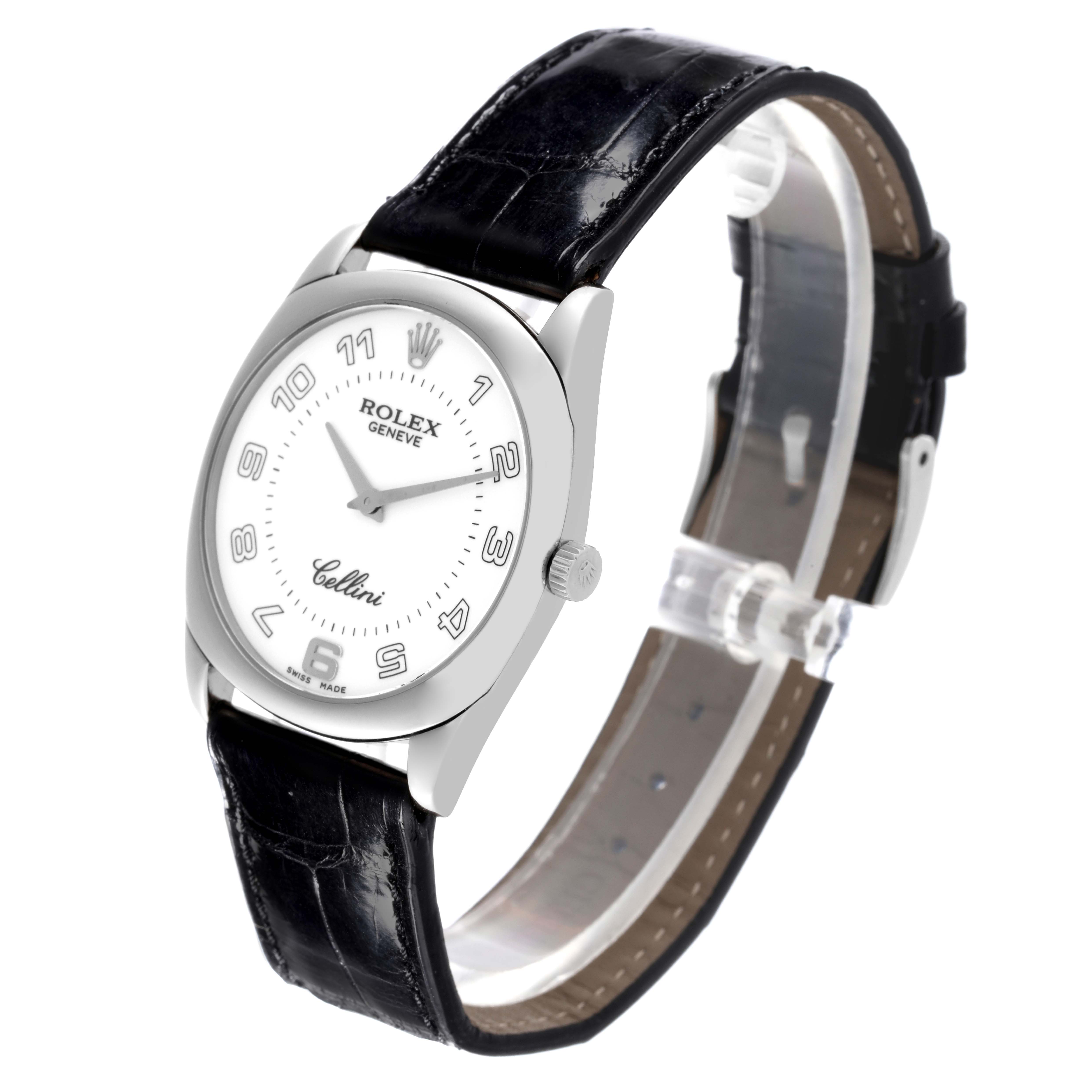 The Rolex Cellini 4233 Men's White Gold White Dial 4233 Men's White Gold White Dial watch is shown at an angle displaying the face, leather strap, and casing.