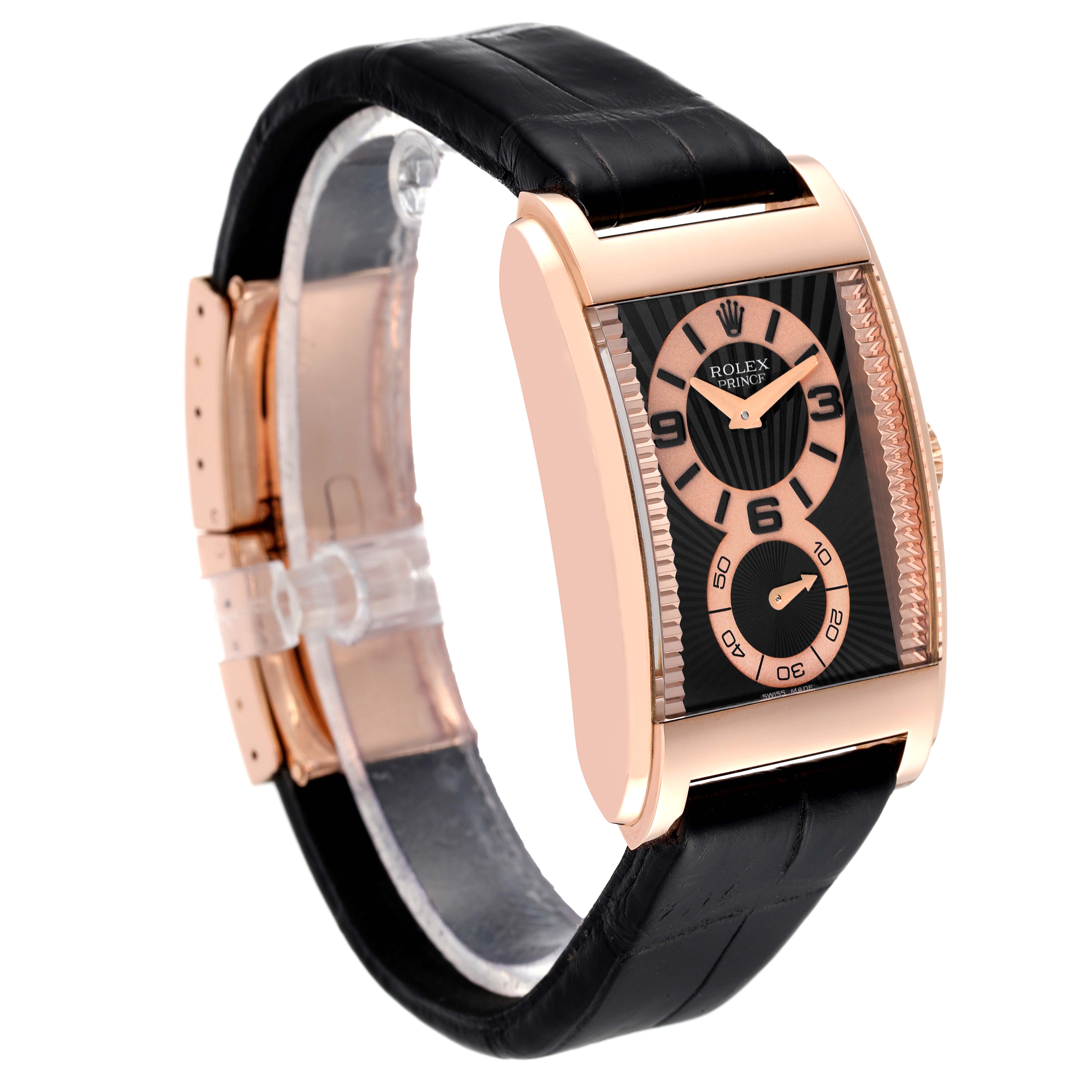 The Rolex Cellini 5442 Men's Rose Gold Black Dial 5442 Men's Rose Gold Black Dial watch is shown at an angle displaying its face, black leather strap, and rose gold case.