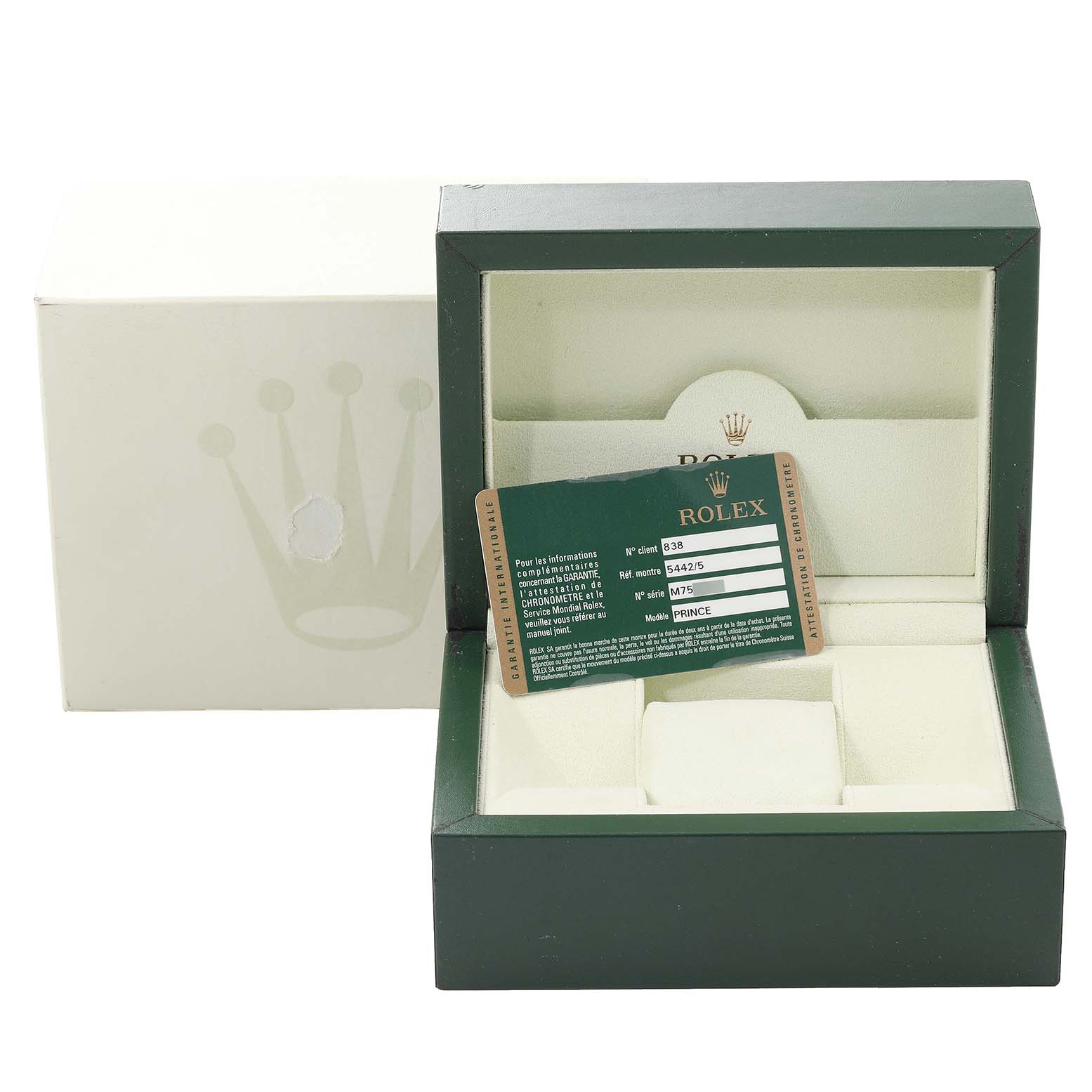 This image shows the packaging and an authentication card for a Rolex Cellini 5442 Men's Rose Gold Black Dial 5442 Men's Rose Gold Black Dial watch, with the box open to reveal the interior.