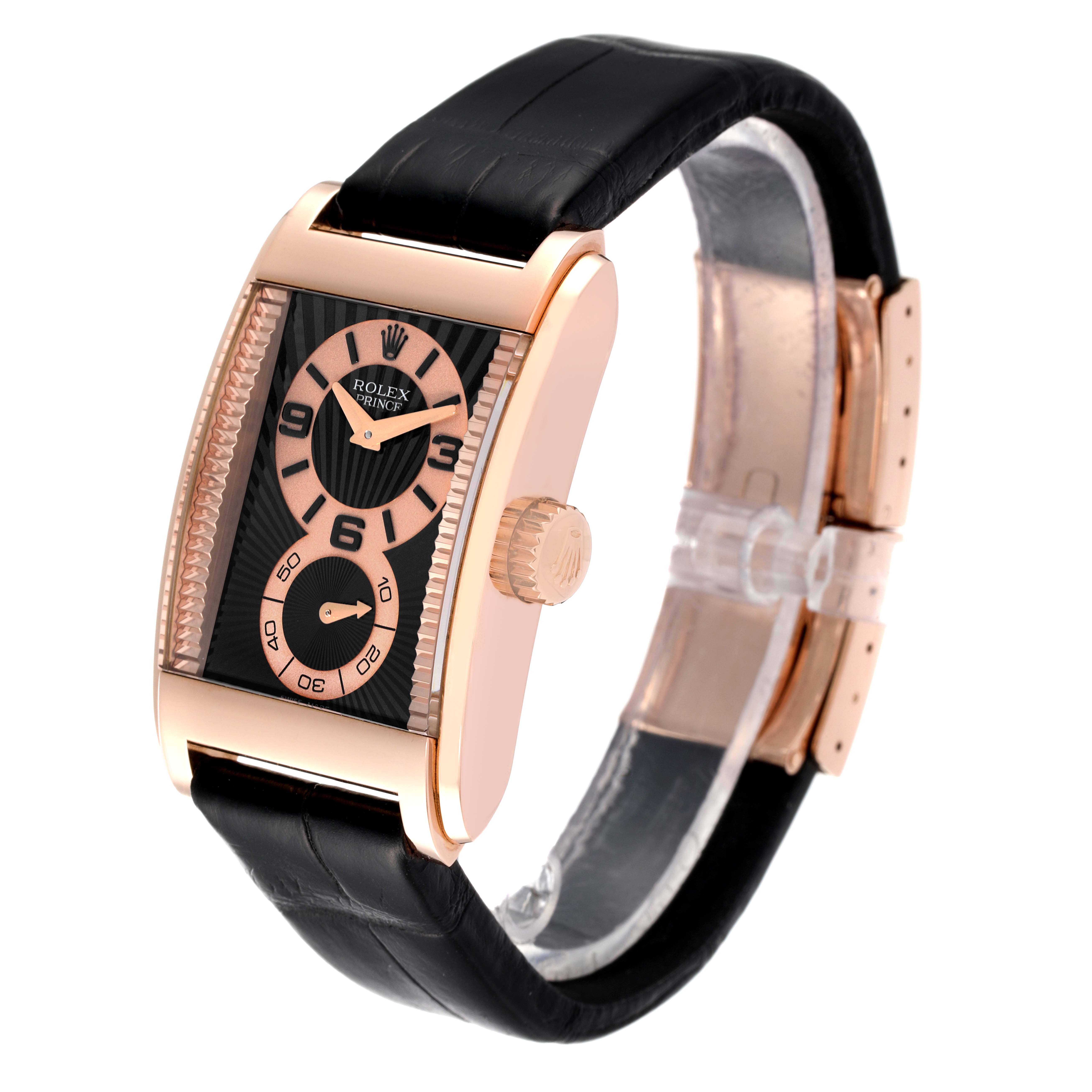 The image shows a Rolex Cellini 5442 Men's Rose Gold Black Dial 5442 Men's Rose Gold Black Dial watch from an angled side view, highlighting the watch face, crown, and strap.