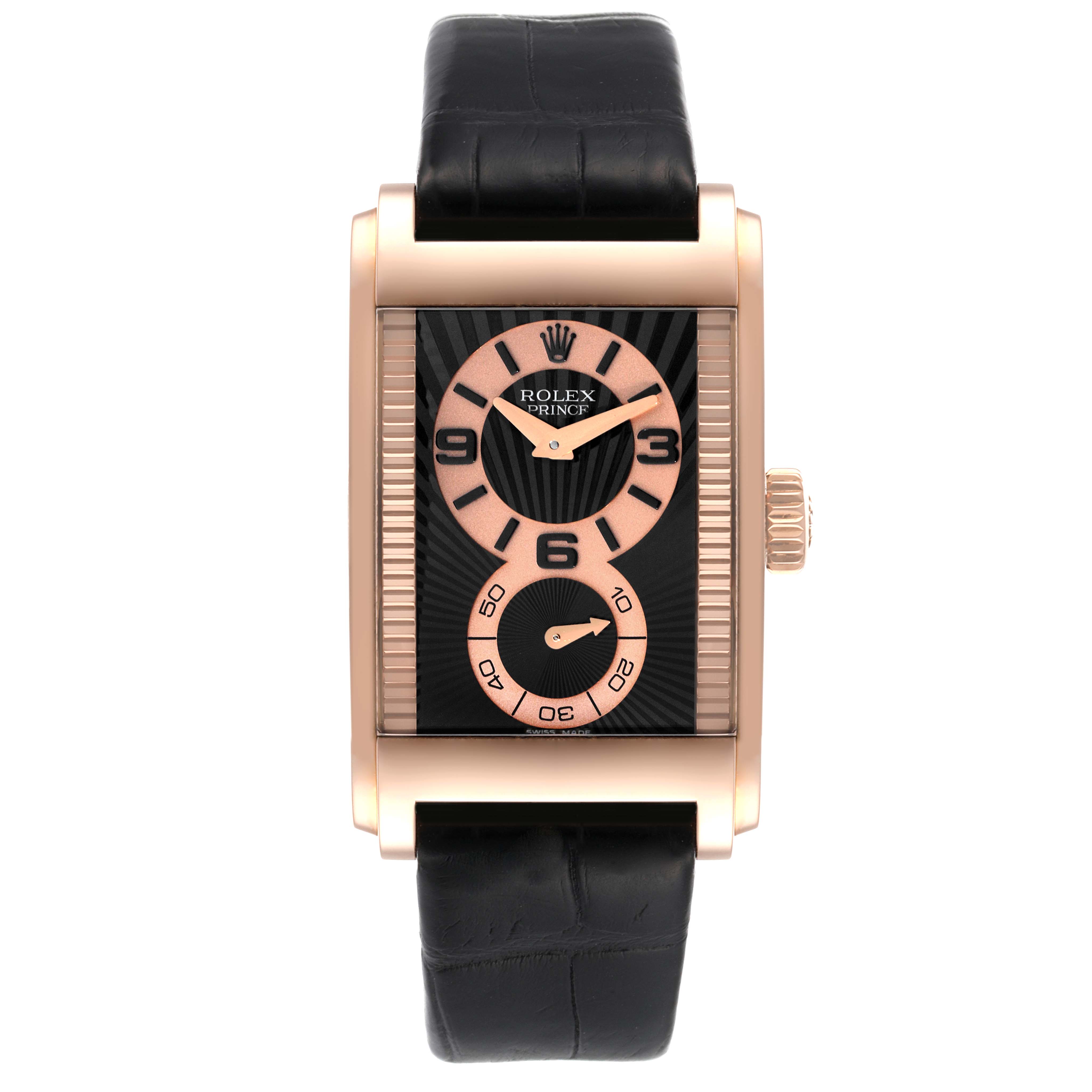 This image shows a front view of a Rolex Cellini 5442 Men's Rose Gold Black Dial 5442 Men's Rose Gold Black Dial Prince watch, featuring a rectangular rose gold case and black leather strap.