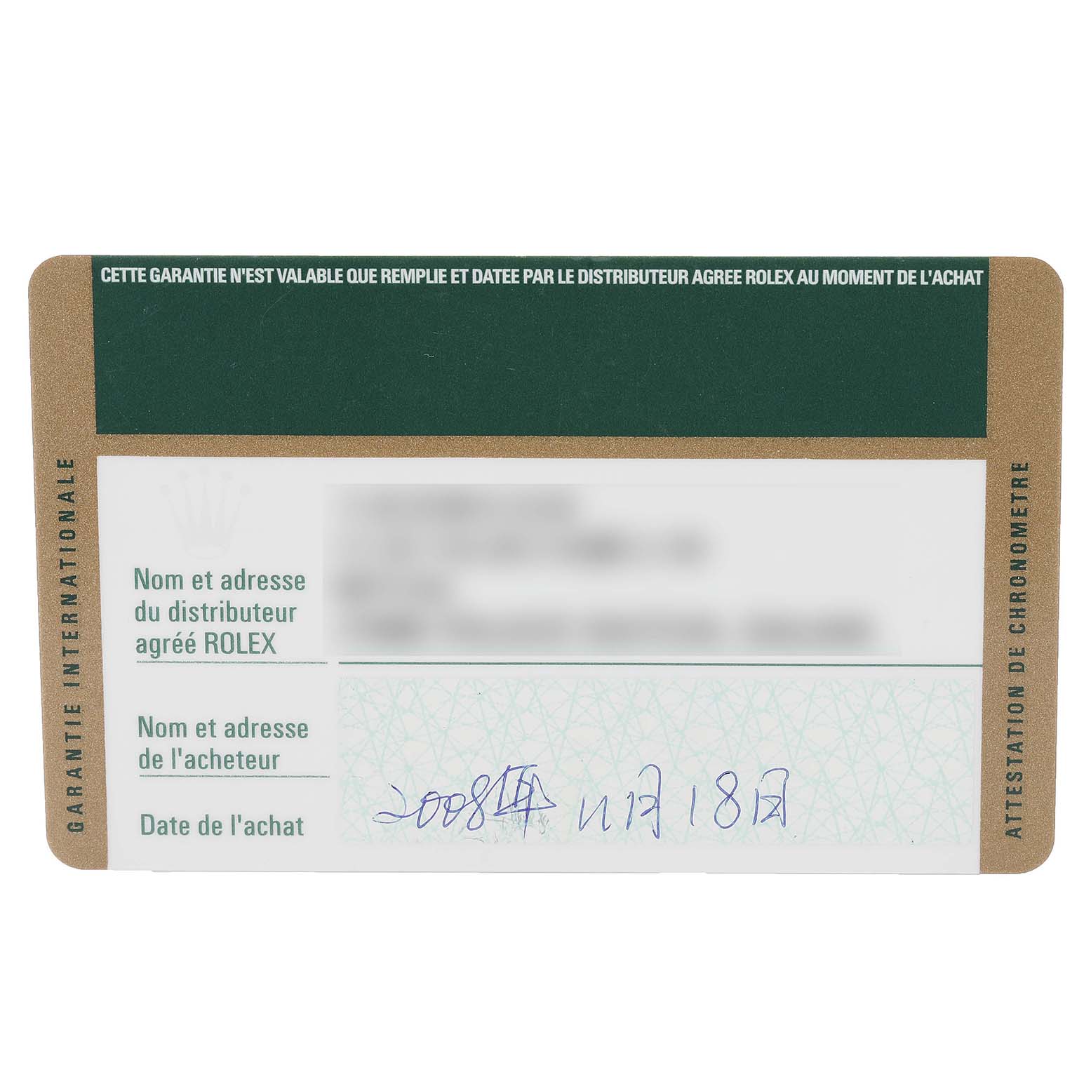 The image shows a warranty card for a Rolex Cellini 5442 Men's Rose Gold Black Dial 5442 Men's Rose Gold Black Dial watch, viewed from the front.