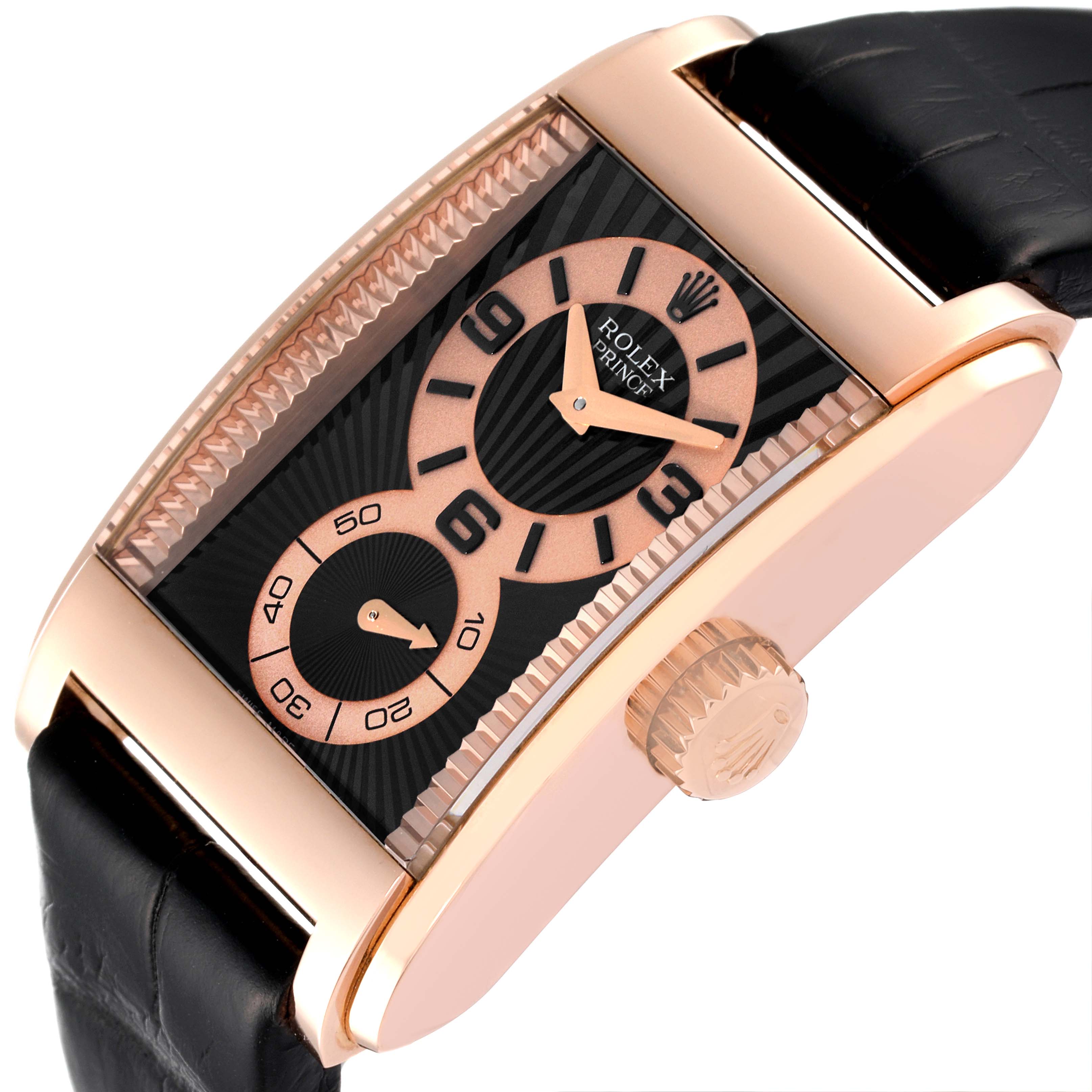 The image shows a side view of the Rolex Cellini 5442 Men's Rose Gold Black Dial 5442 Men's Rose Gold Black Dial watch, highlighting its rectangular rose gold case, crown, and black leather strap.