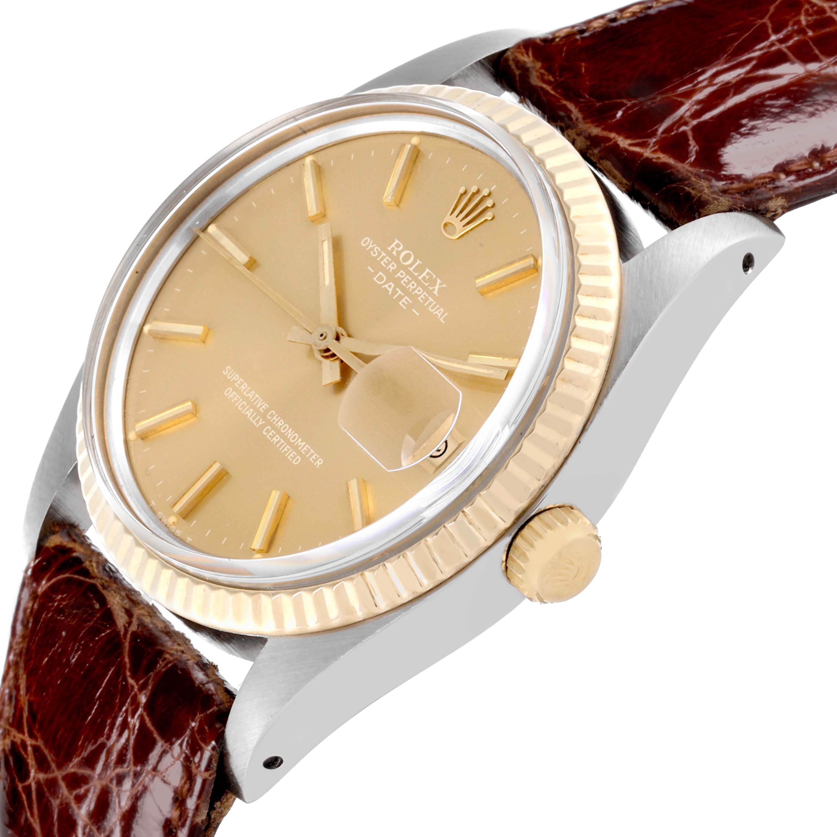 The Rolex Vintage Collection 15003 Men's Steel and Gold (two tone) Champagne Dial 15003 Men's Steel and Gold (two tone) Champagne Dial model is shown at an angle highlighting the gold bezel, crown, and beige dial with a brown leather strap.