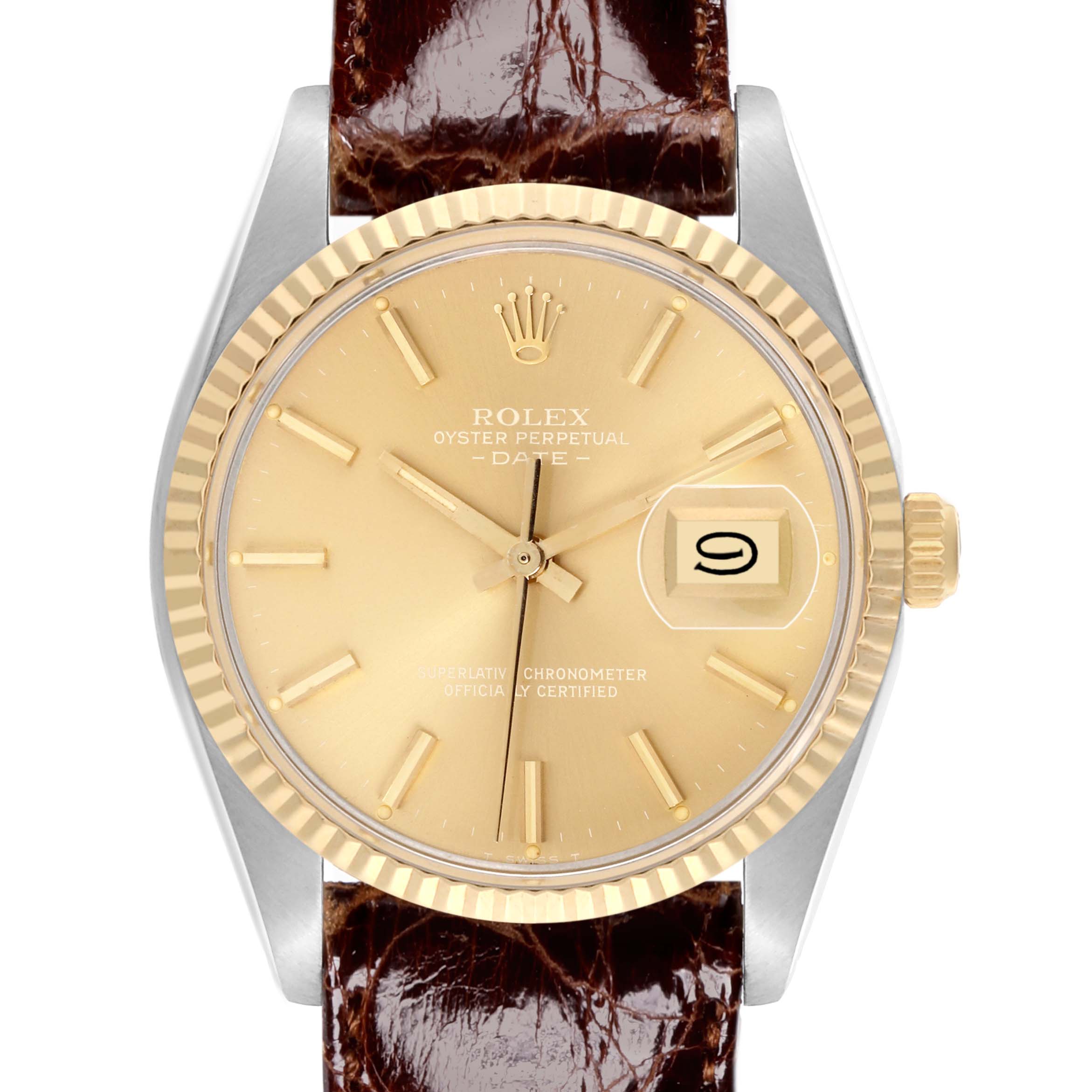 The Rolex Vintage Collection 15003 Men's Steel and Gold (two tone) Champagne Dial 15003 Men's Steel and Gold (two tone) Champagne Dial watch is shown from the front, displaying its face, bezel, crown, and part of the leather strap.