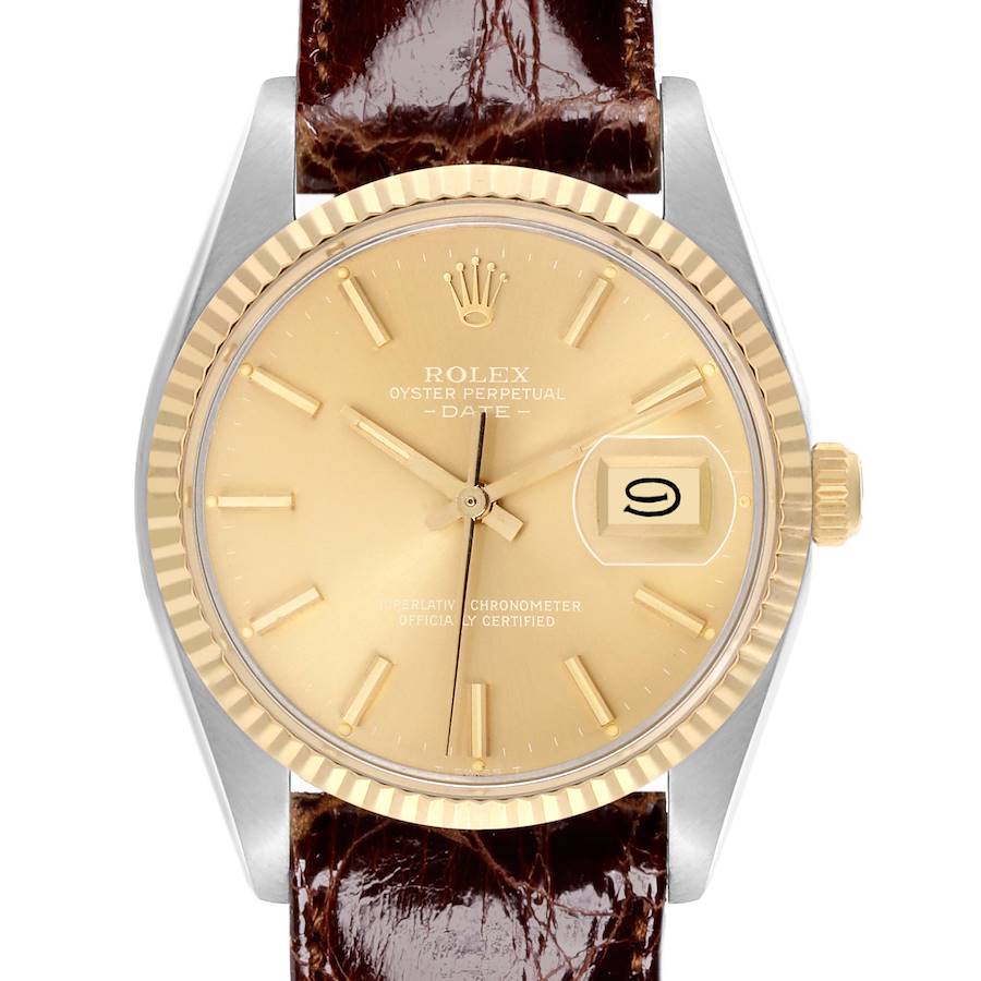 The Rolex Vintage Collection watch is shown from the front, displaying its face, bezel, crown, and part of the leather strap.