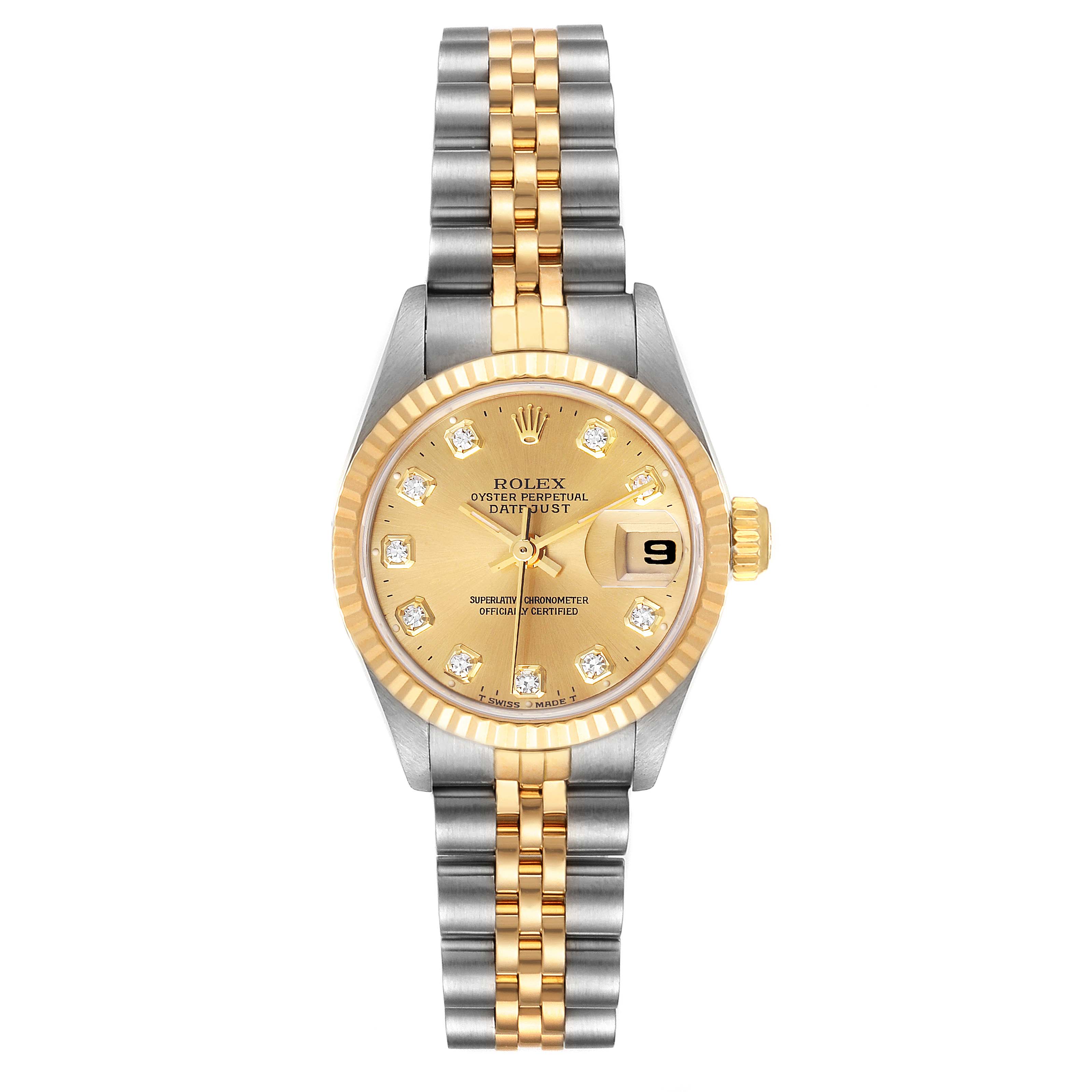 The Rolex Datejust 69173 Women's Steel and Gold (two tone) Champagne Dial 69173 Women's Steel and Gold (two tone) Champagne Dial watch is shown from a straight-on angle, displaying its face, bezel, crown, and two-tone bracelet.