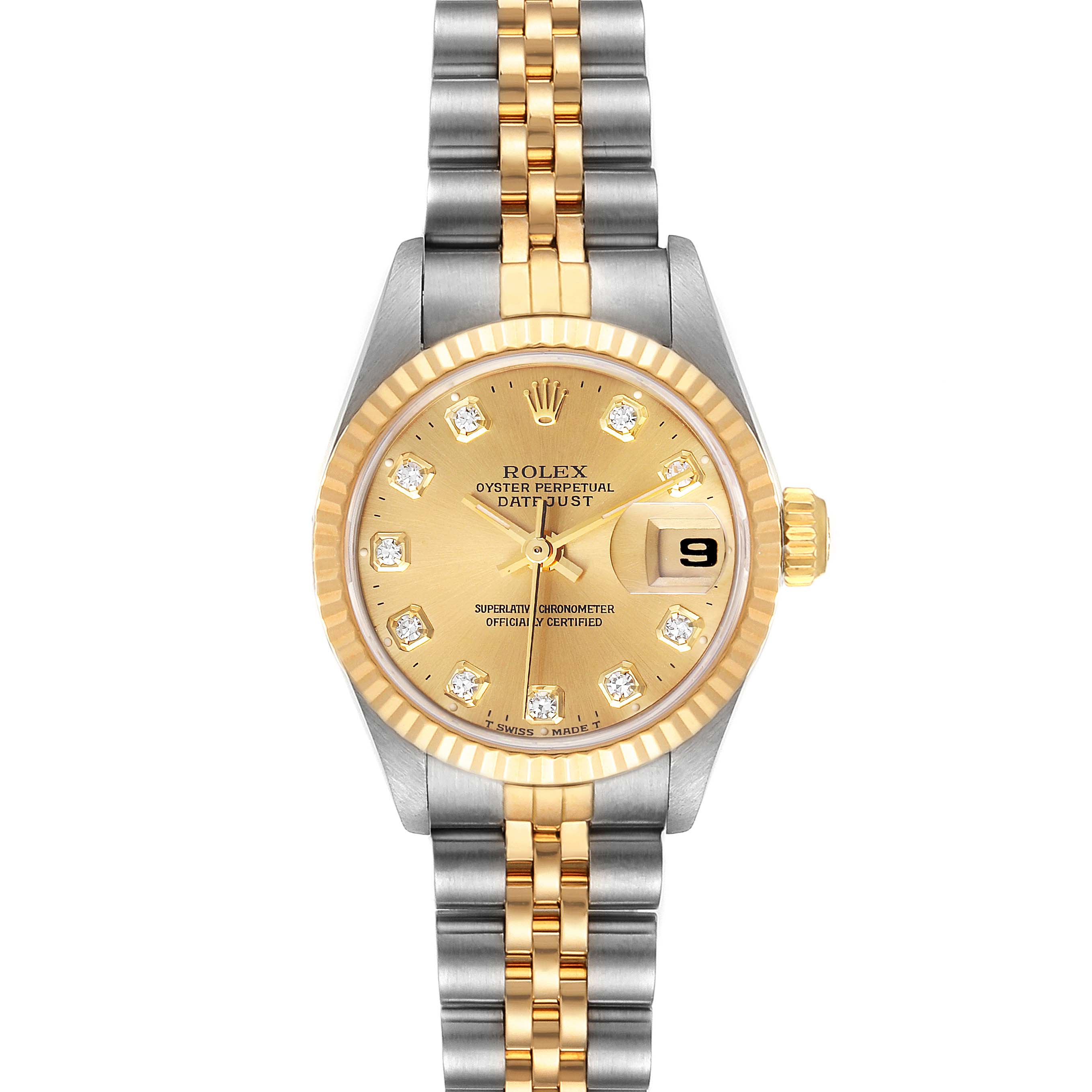The image shows a front view of the Rolex Datejust 69173 Women's Steel and Gold (two tone) Champagne Dial 69173 Women's Steel and Gold (two tone) Champagne Dial watch, featuring a gold dial, diamond hour markers, and a two-tone bracelet.